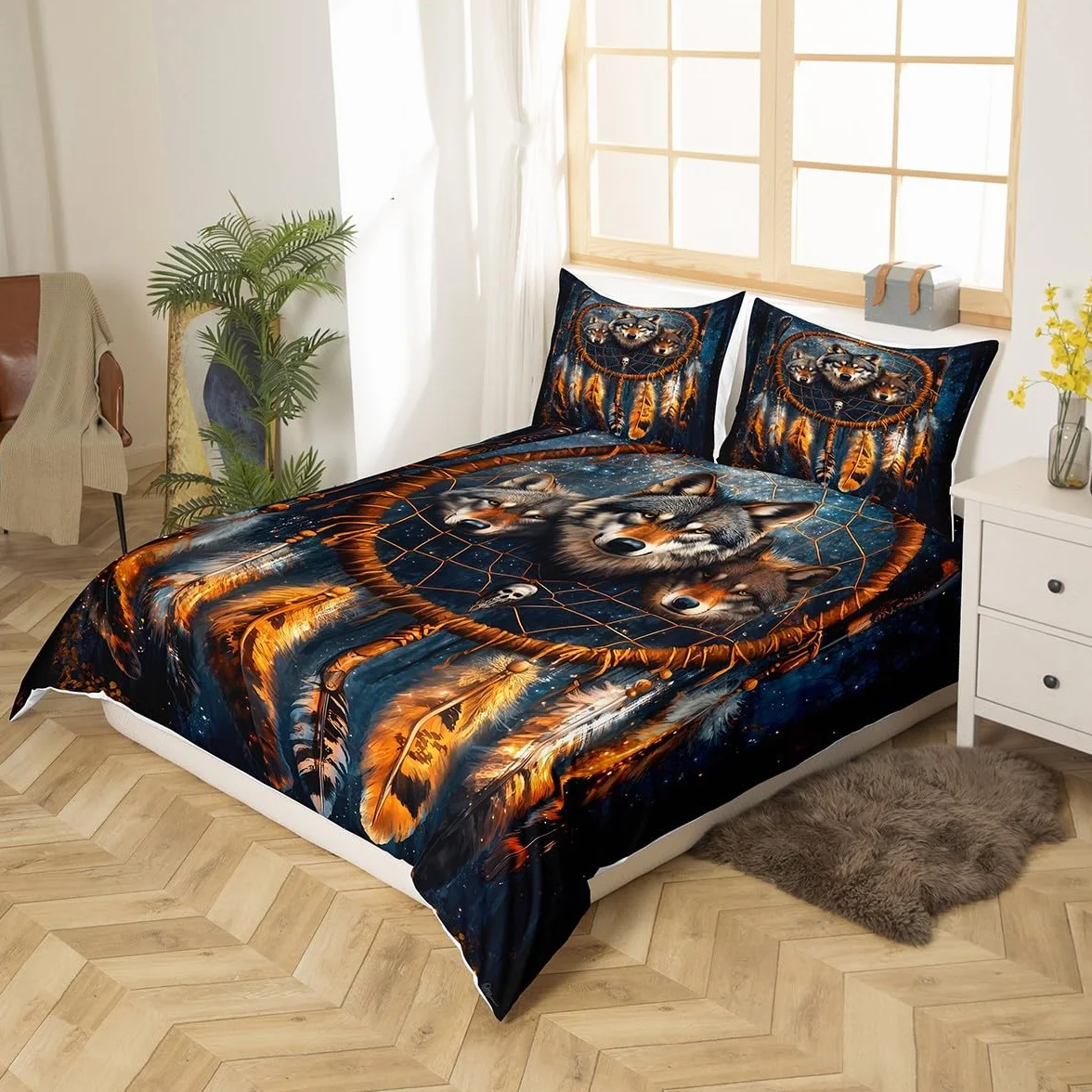 Homewish Poszewka na kołdrę z wilkiem, łapacze snów, zestaw pościeli, pióro w stylu boho, super king, poszewka na kołdrę dla dzieci, mężczyzn, egzotyczne zwierzęta plemienne, dzikie łóżko