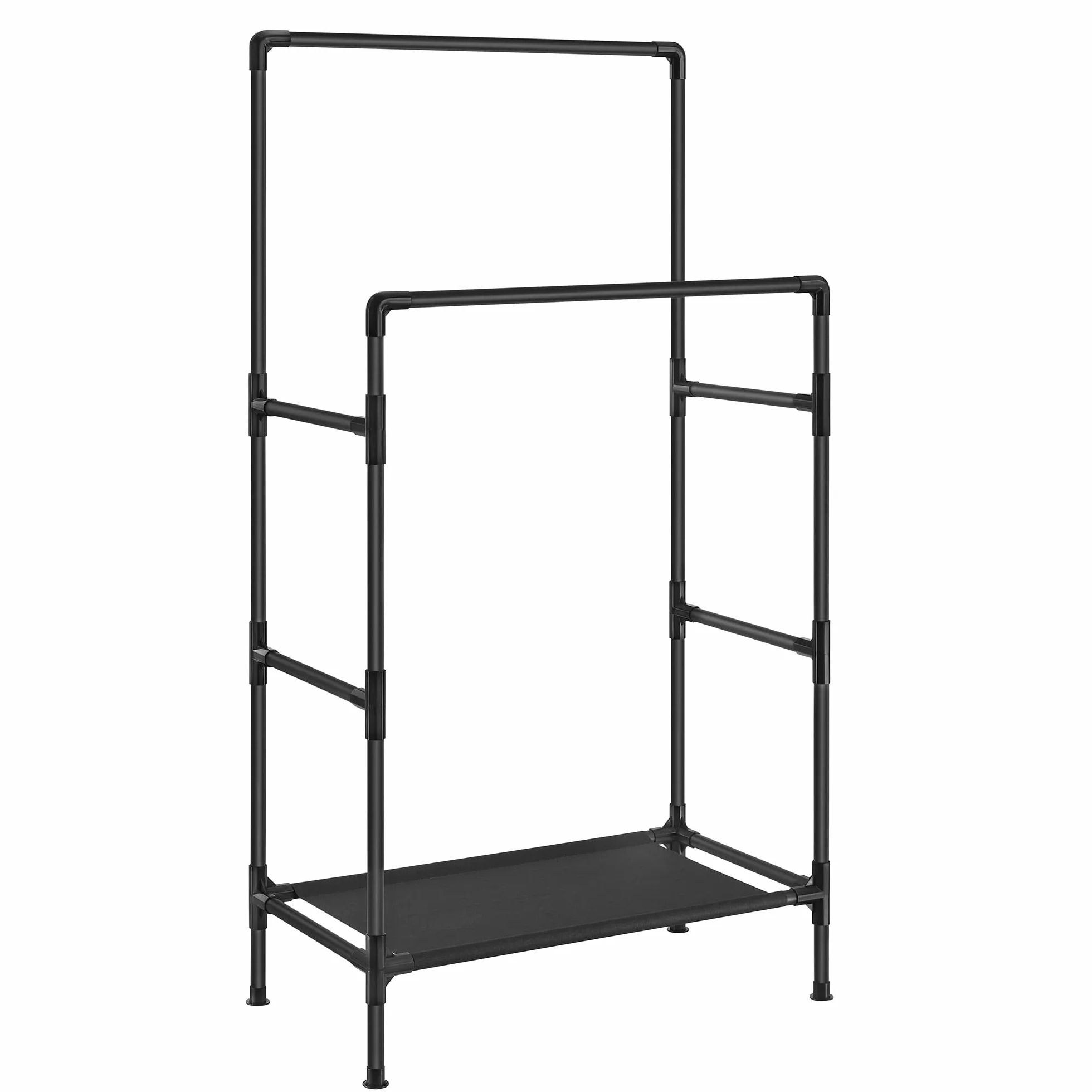 SONGMICS Podwójny drążek na ubrania, organizer metalowy z 2-poziomową półką, obciążenie 55 kg, czarny