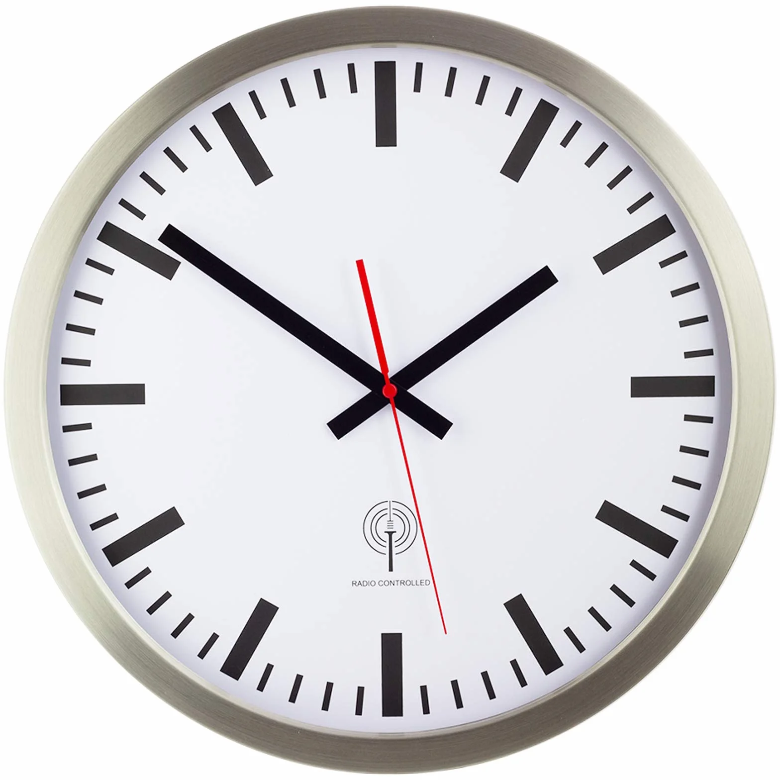 Eurotime 56862-07 radiowy zegar ścienny, 40 cm, srebrna obudowa ze stali nierdzewnej, prawdziwe szkło, tarcza stacji, automatyczna zmiana czasu, zegar ścienny do salonu lub