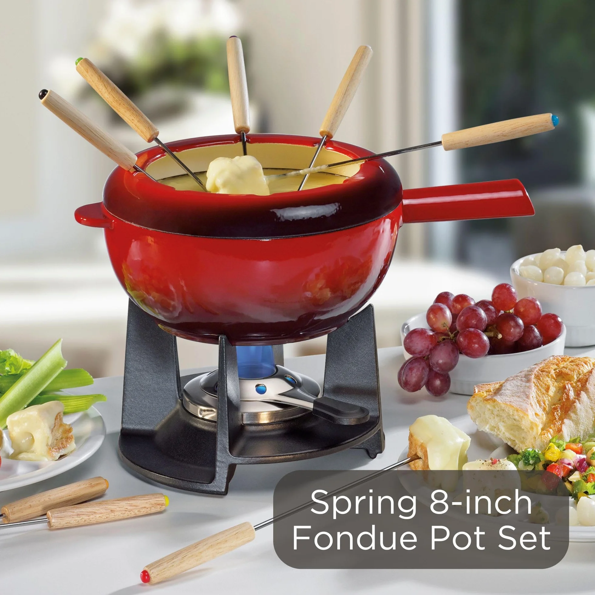 Zestaw do fondue żeliwny czerwony Ø 20 cm z 8 widelcami i ochroną przed pryskaniem palnik Rechaud