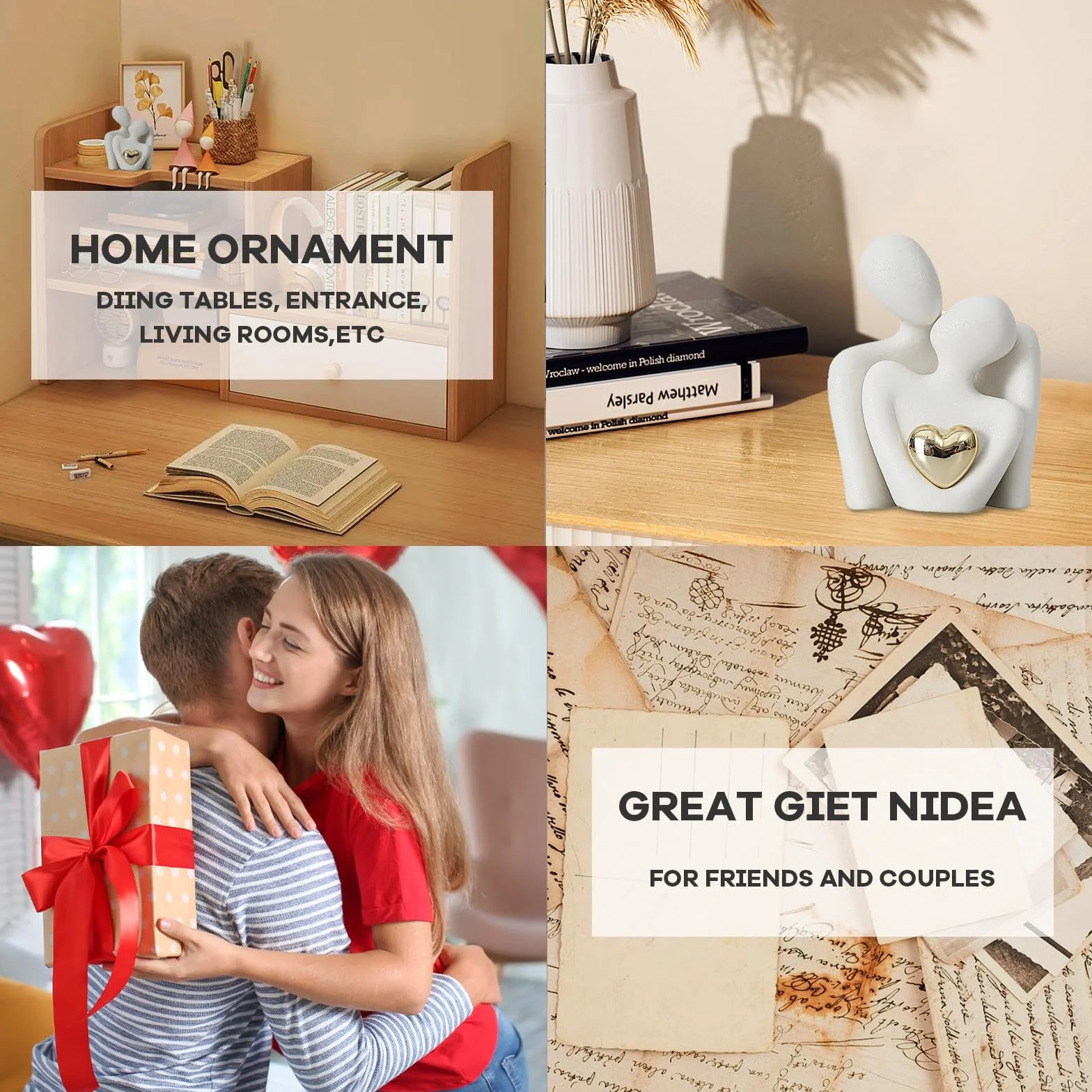 Romantyczna statuetka dla pary, mała biała figurka, dekoracja dla pary, na wesele, do sypialni, regału na książki, prezent ślubny dla pary młodej (M)