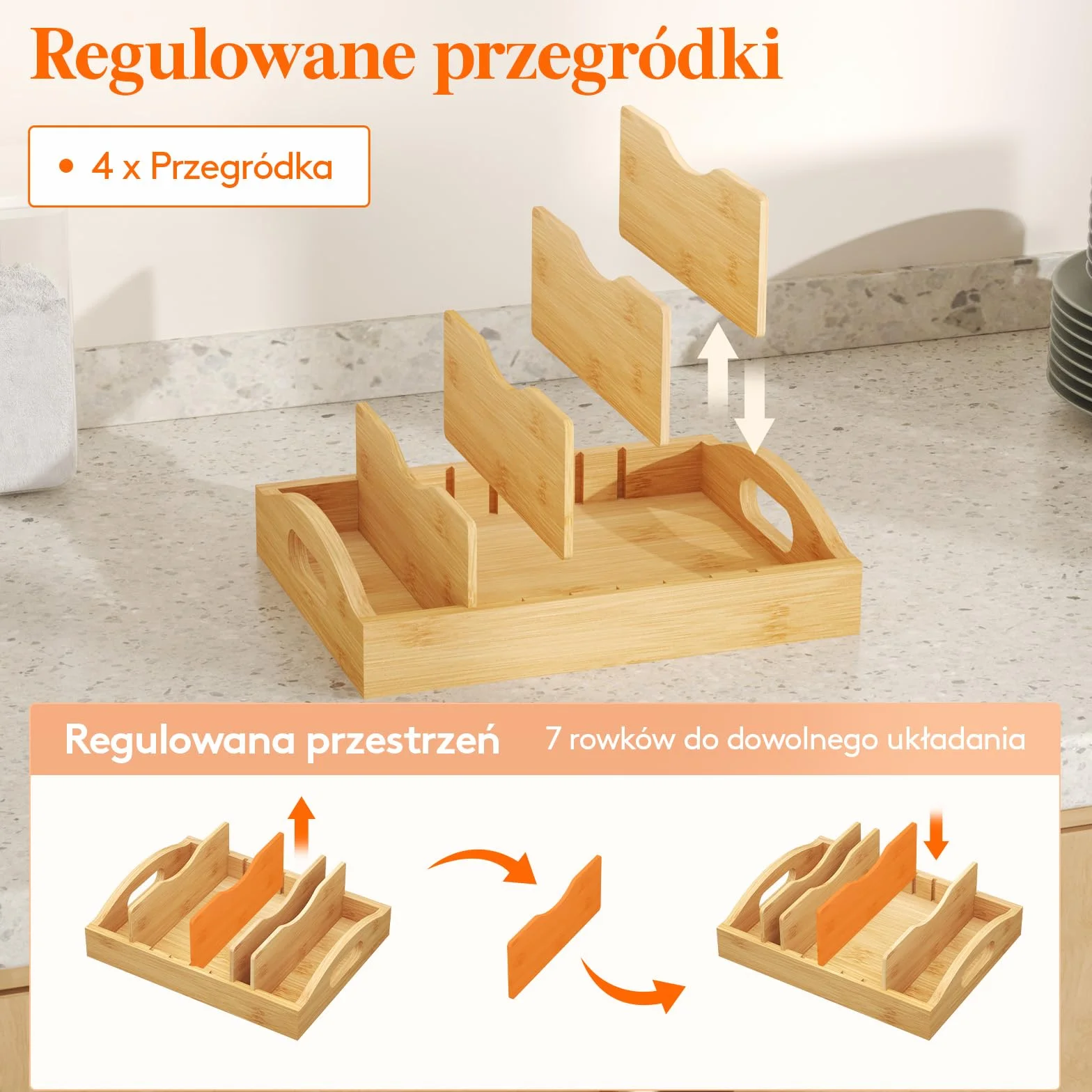 Lifewit Bambusowy stojak na pokrywki, stojak na naczynia oszczędzający miejsce z 4 regulowanymi przegródkami, stojak na pojemniki do szuflad kuchennych na żywność, 27 x 21 cm