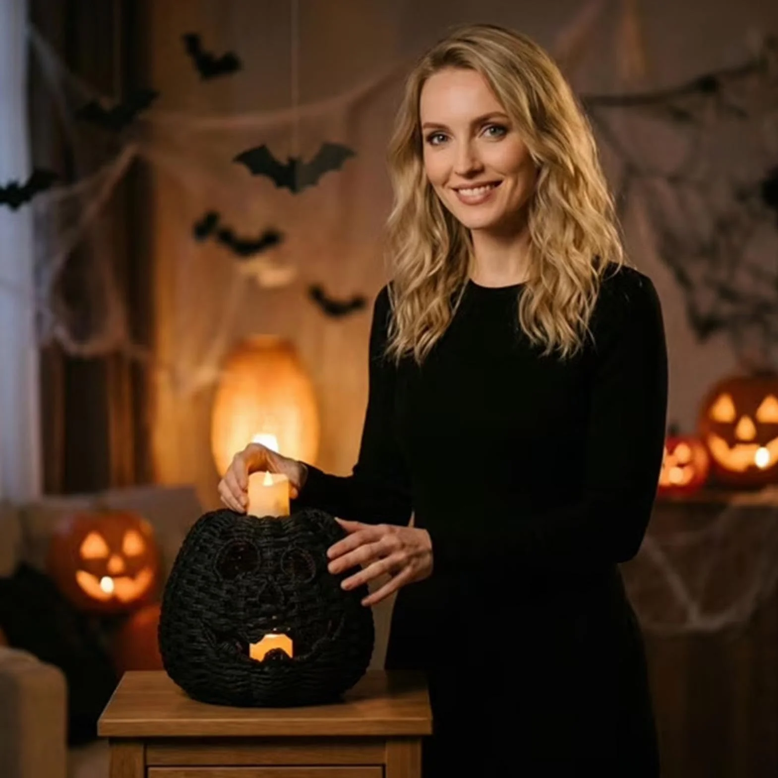 Dekoracyjny Pleciony Kosz Dyniowy Halloweenowy pojemnik ze świeczką LED | Czarne pojemniki na słodycze do domu, salonu, biurka, kominka, stołu jadalnego, przedpokoju, ganku, przyjęcia
