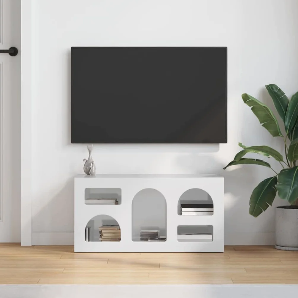 Szafka pod telewizor o wysokim połysku, biała, 80 x 35 x 40 cm, materiał drewnopochodny, konsola medialna z 5 półkami, wytrzymała konstrukcja, do salonu, sypialni, uniwersalna podstawka pod