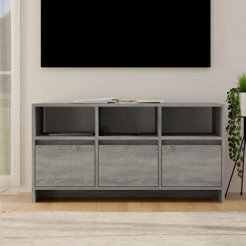 Générique Sonoma szafka pod telewizor szara 102x37,5x52,5 cm drewno inżynieryjne | 3 szuflady, 3 przegródki, przechowywanie DVD i konsoli, łatwe czyszczenie