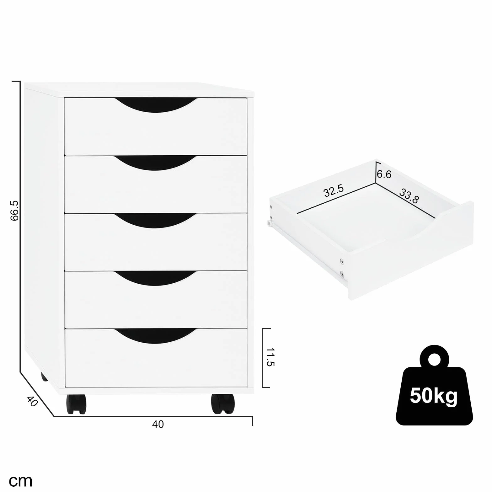 WOLTU kontener na kółkach z 5 szufladami, mobilna szafka na dokumenty z rolkami, szafka z szufladami, szafka biurowa, do biura, domu, biała, 40 x 66,5 x 40 cm, ASK14ws