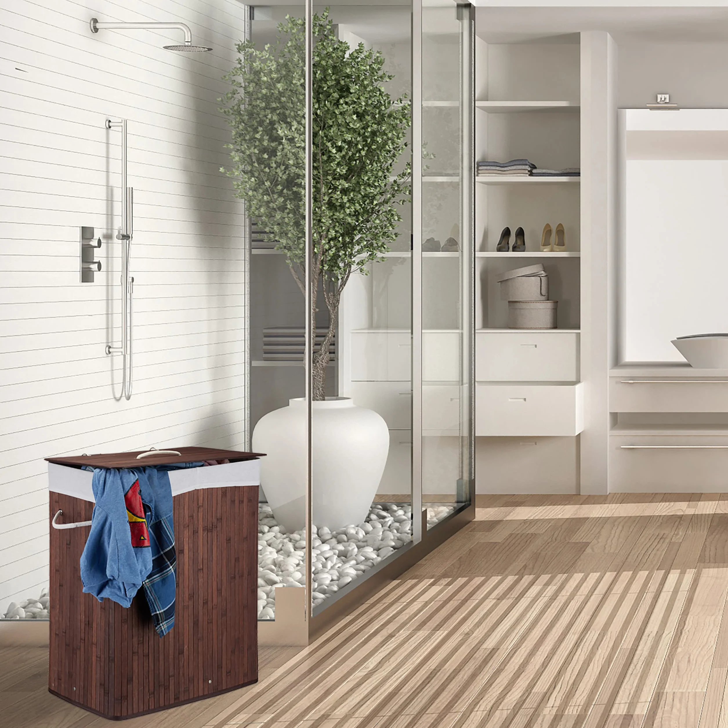 Relaxdays Kosz na pranie bambusowy z pokrywką, prostokątny kosz na pranie, 2 przegródki, pojemność 95 l, składany pojemnik na pranie, brązowy
