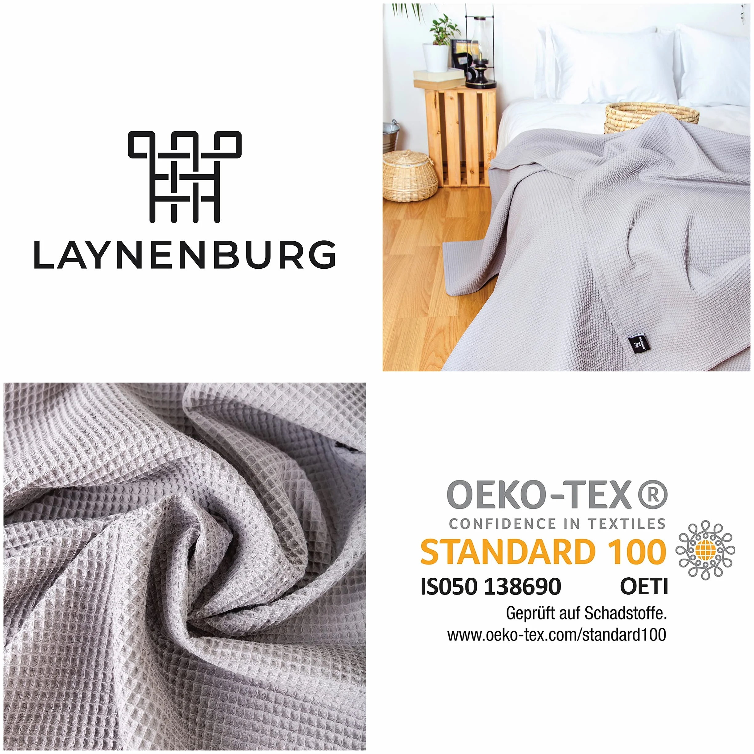 LAYNENBURG narzuta bawełniana 240x260 cm XXL, struktura waflowa, szara