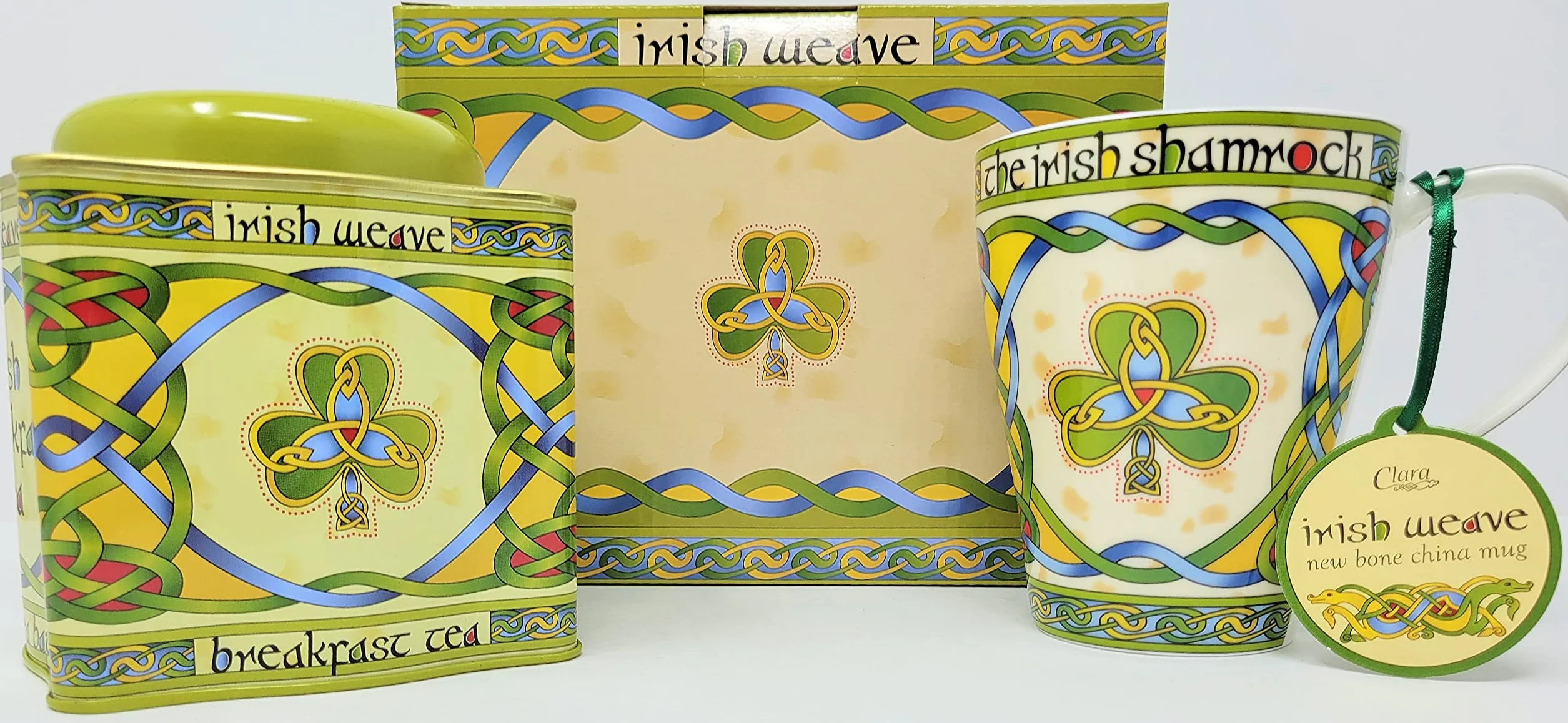 Royal Tara Zestaw 1 filiżanka do kawy z koniczyną irlandzką z celtyckimi węzłami – kubek do herbaty z porcelany kostnej – 385 ml i 1 nowa herbata śniadaniowa – irlandzki splot wielokrotnego użytku puszka 50 sztuk