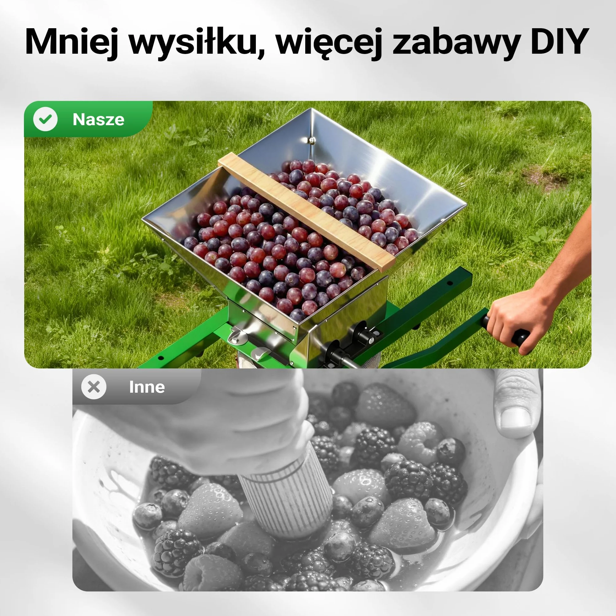 Wiltec Młynek z 7 litrowym zbiornikiem, rozdrabniarka do winogron z korbką, kruszarka do miękkich owoców np. winogron i jagód