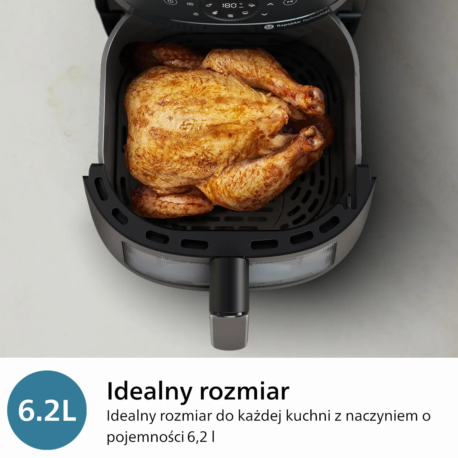 Philips Ovi z serii 2000 – Klasyczny Airfryer 6,2L z okienkiem, Technologia RapidAir, 13 Sposobów gotowania, 90% mniej tłuszczu, łatwe czyszczenie, Ekran Dotykowy, Oszczędność energii (NA230/00)