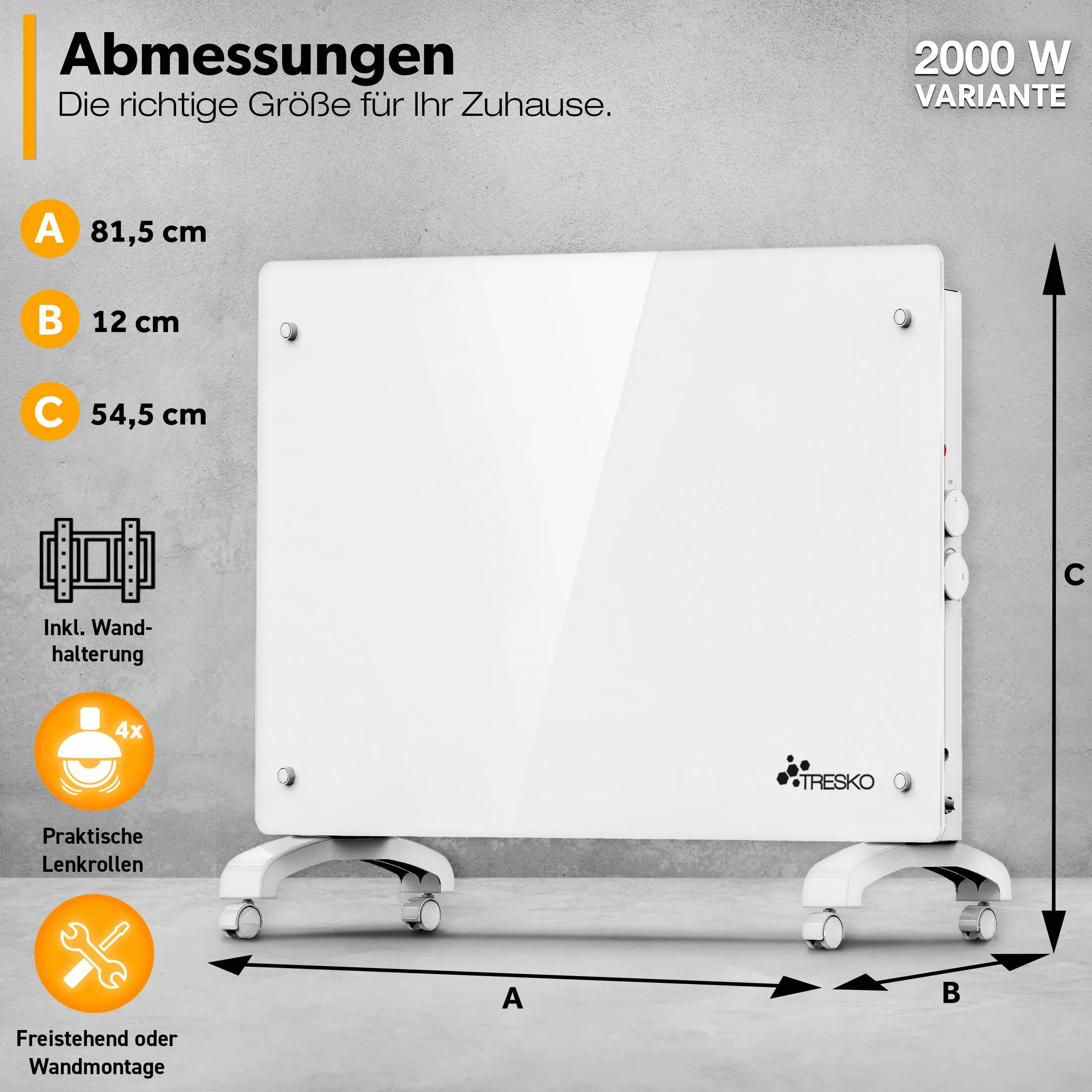 TRESKO® Szklany konwektor grzejnik elektryczny 2000 W jako ogrzewanie stojące lub ścienne | Grzejnik elektryczny ze szkła | grzejnik elektryczny konwektorowy | grzejnik elektryczny, energooszczędny, cichy