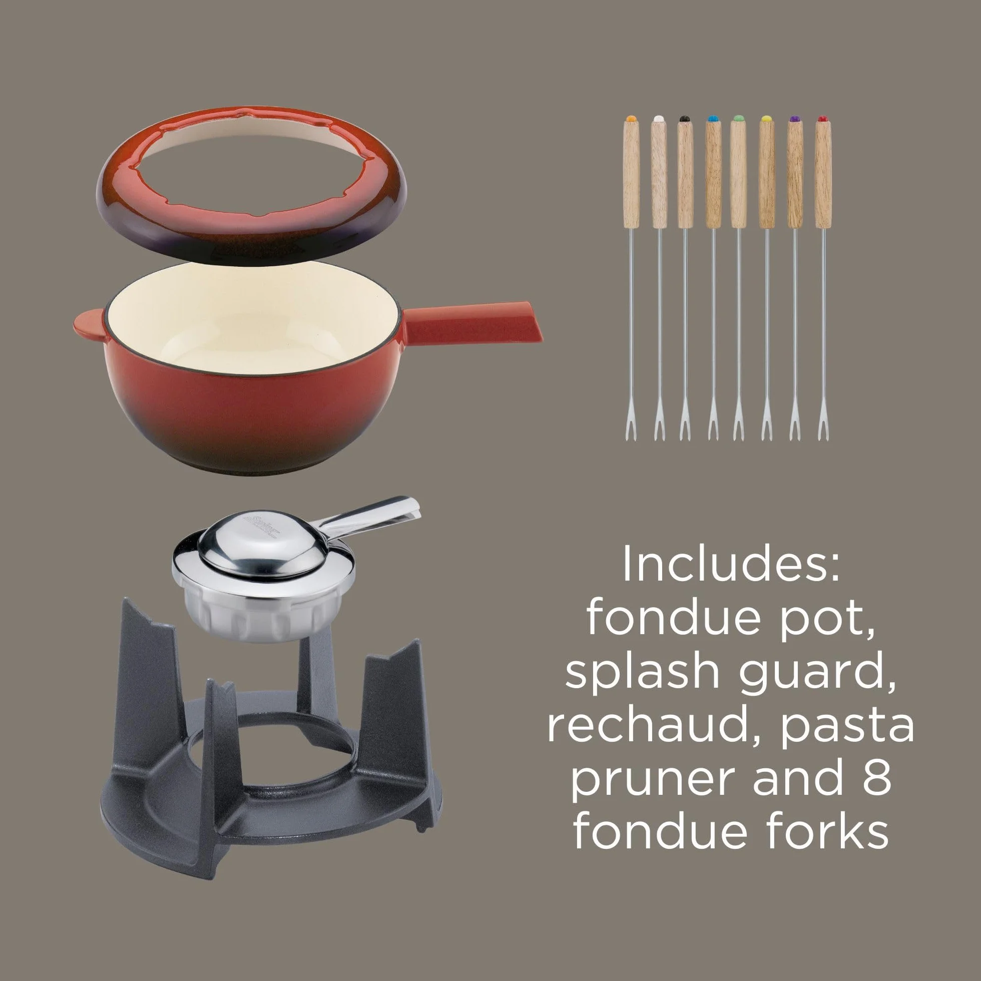 Zestaw do fondue żeliwny czerwony Ø 20 cm z 8 widelcami i ochroną przed pryskaniem palnik Rechaud