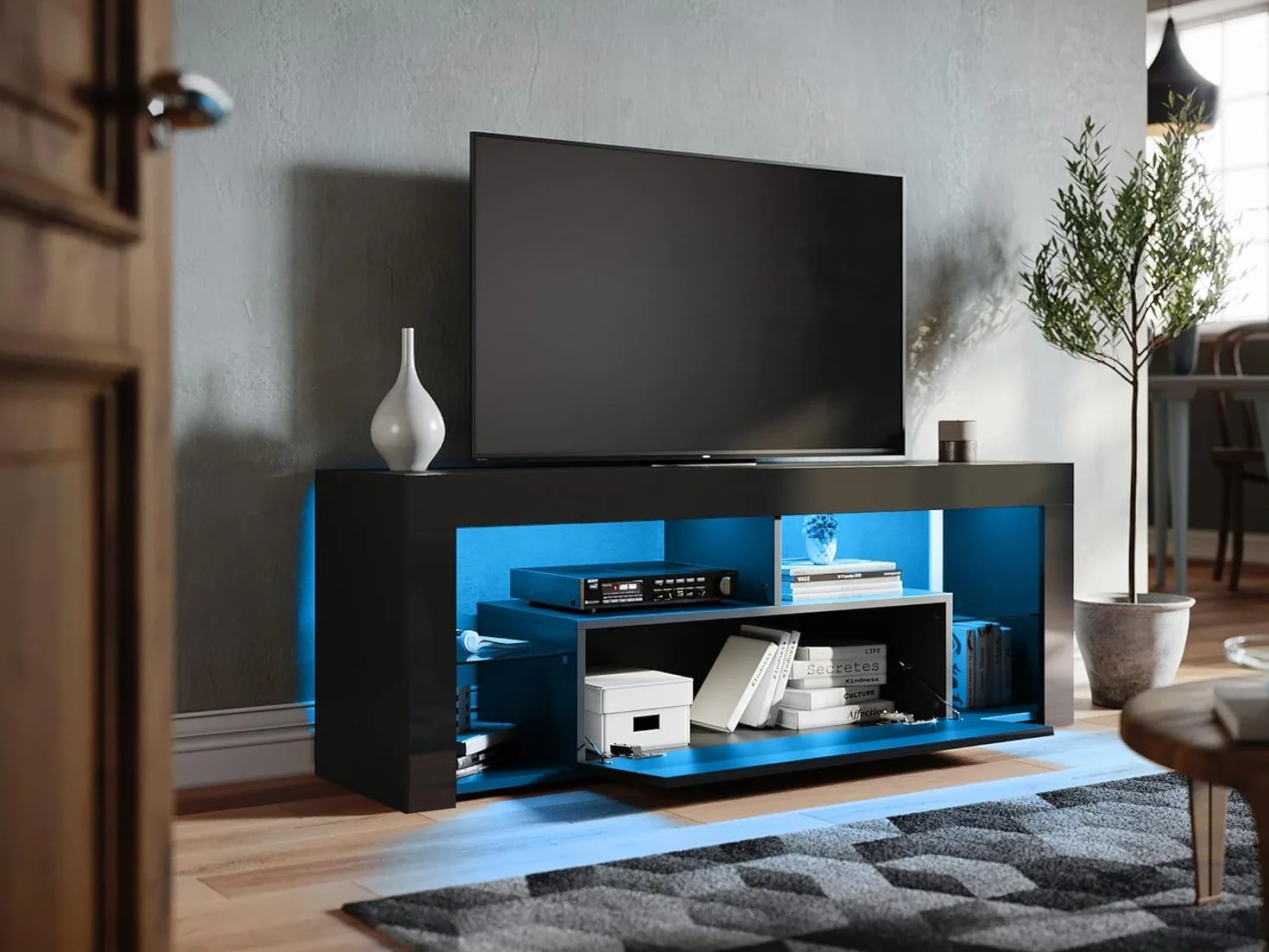 SONNI Czarna szafka pod telewizor z oświetleniem LED, wysoki połysk, z regałem szklanym, drzwi składane, bez uchwytów, kredens, szafka pod telewizor, 12 kolorów do ustawienia, 140 x 35 x 50,5 cm.