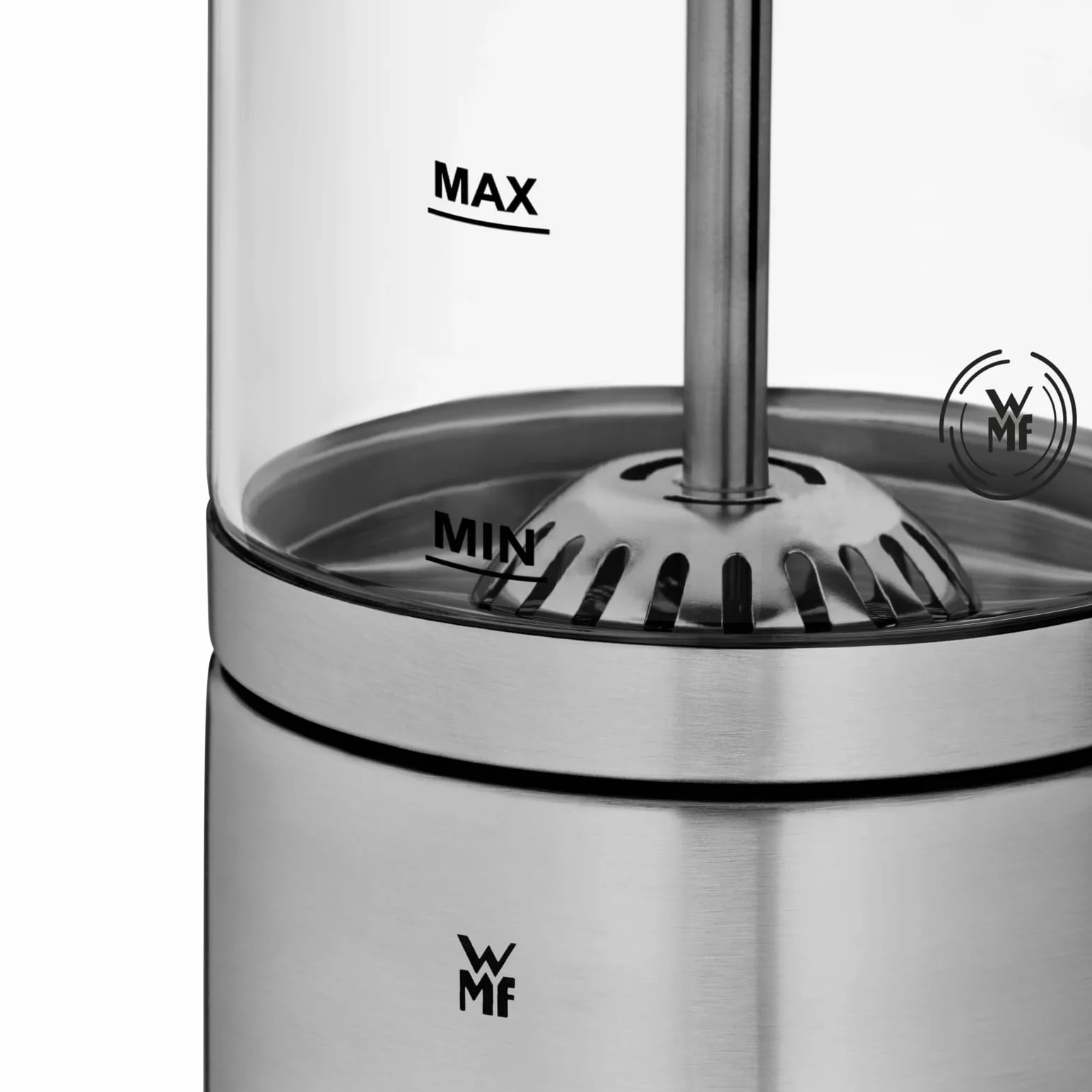 WMF Lono szklany spieniacz do mleka, elektryczny, 150-250 ml, 650 W, mikser Frappe Mixer, ekran dotykowy, do spieniania mleka na gorąco i zimno, gorące mleko, podgrzewacz do mleka, ekspres do kakao,