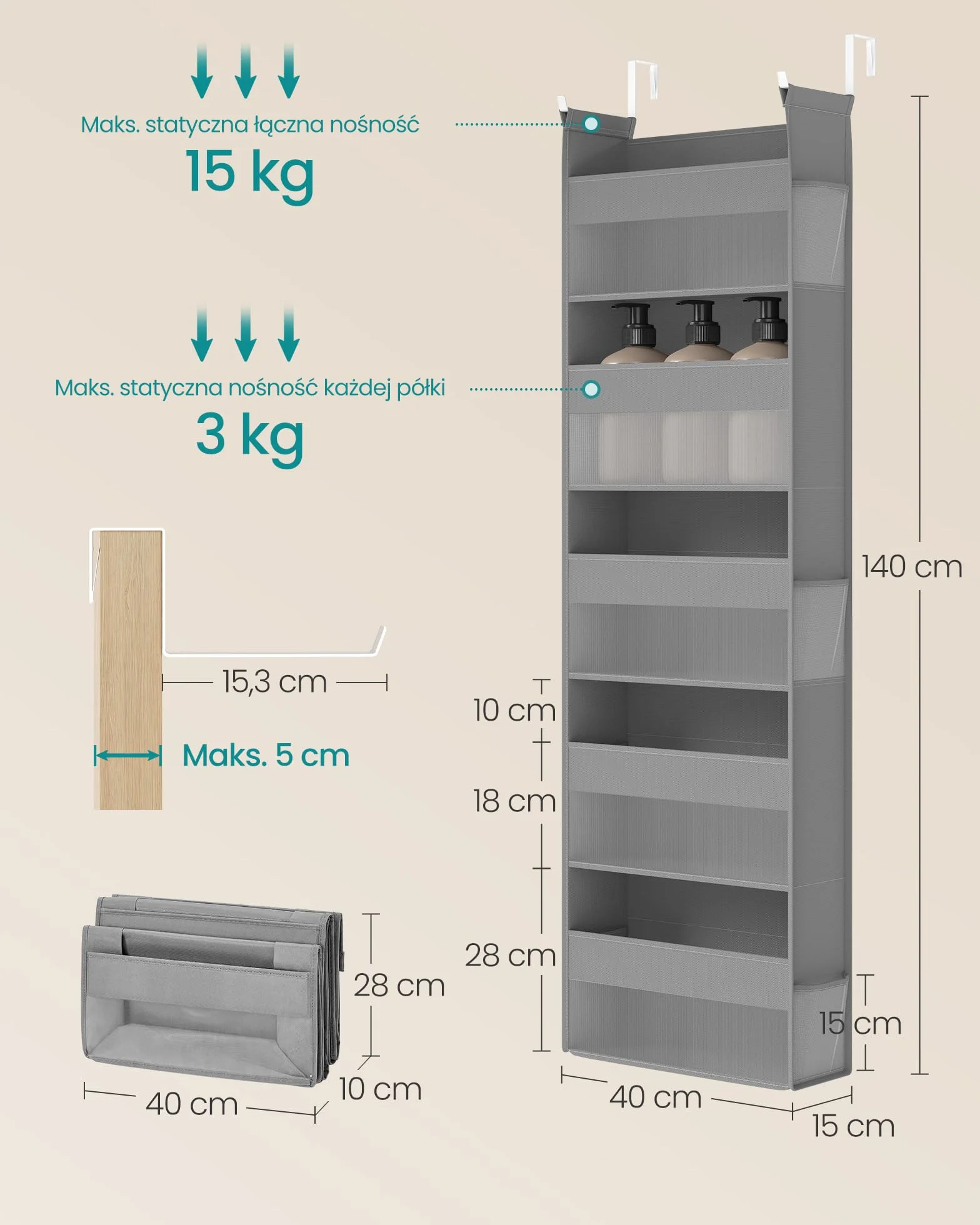SONGMICS Wiszący regał magazynowy, Wisząca półka, Regał magazynowy na drzwi, Materiałowy regał drzwiowy, Przezroczysta siatka nylonowa, Metalowe haki, Kieszenie boczne, Gołębia szarość RDH007G01