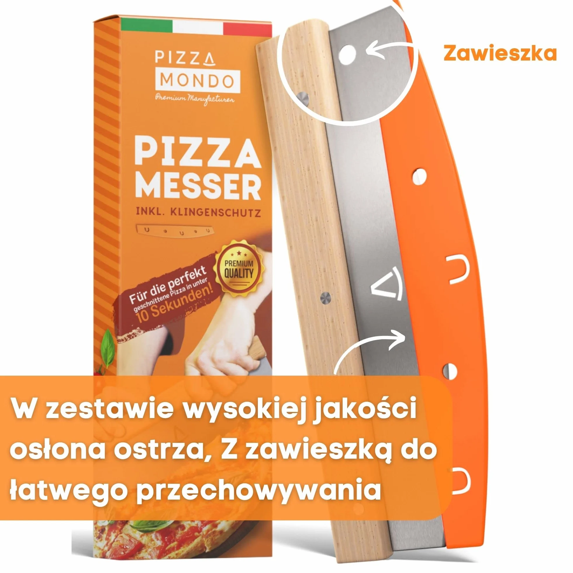 Pizza Mondo® Nóż do Pizzy - Profesjonalny nóż do krojenia pizzy (tasak do pizzy) bardziej skuteczny niż wałek do pizzy I Nóż do pizzy ze stali nierdzewnej 32cm drewniany uchwyt I Szybkie równe cięcie