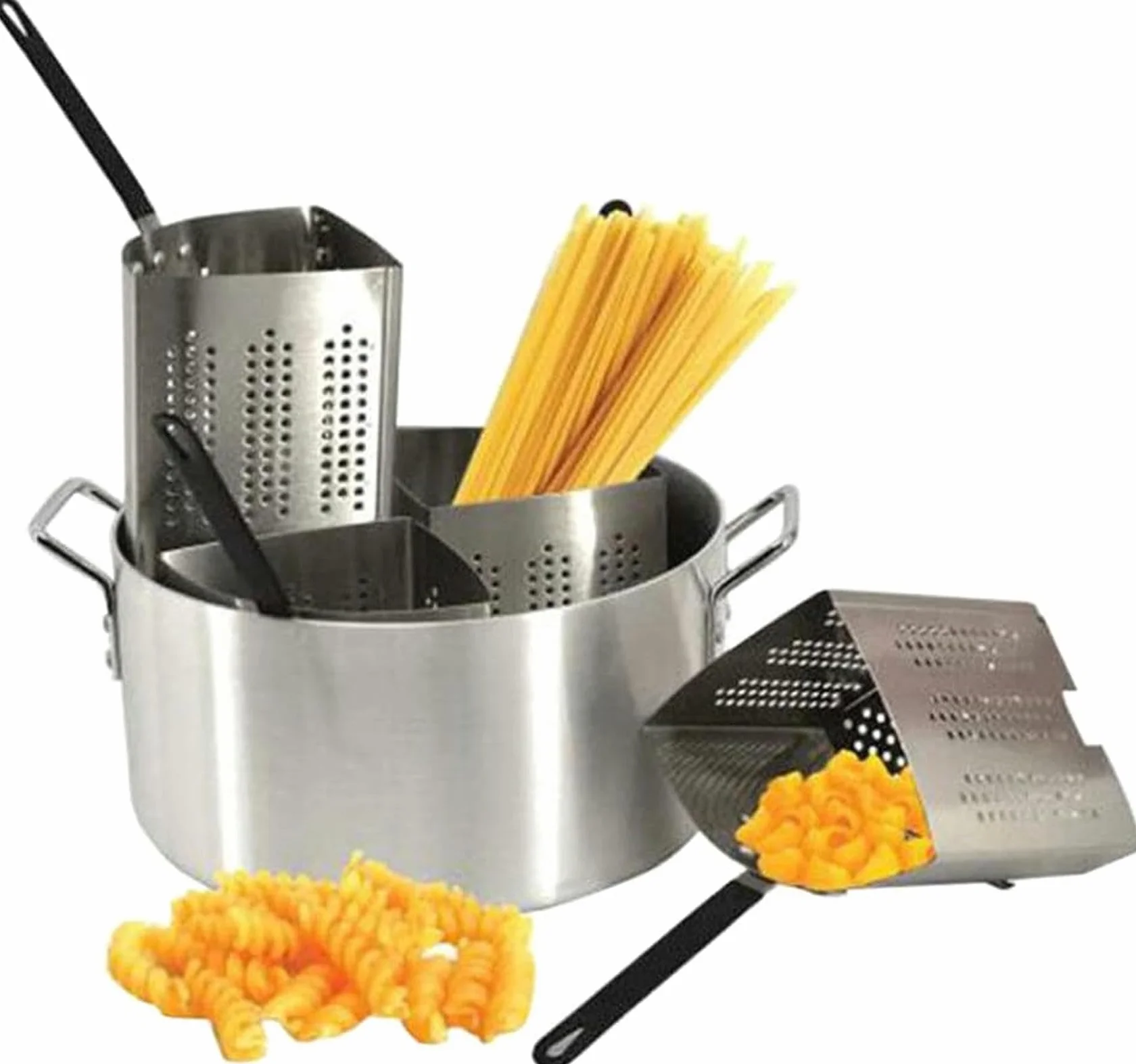 Zestaw wkładów do urządzenia do gotowania makaronu, 20-kwartowe aluminiowe urządzenie do gotowania makaronu i warzyw, urządzenie do robienia pierogów z 4 wkładanymi koszami filtracyjnymi ze stali