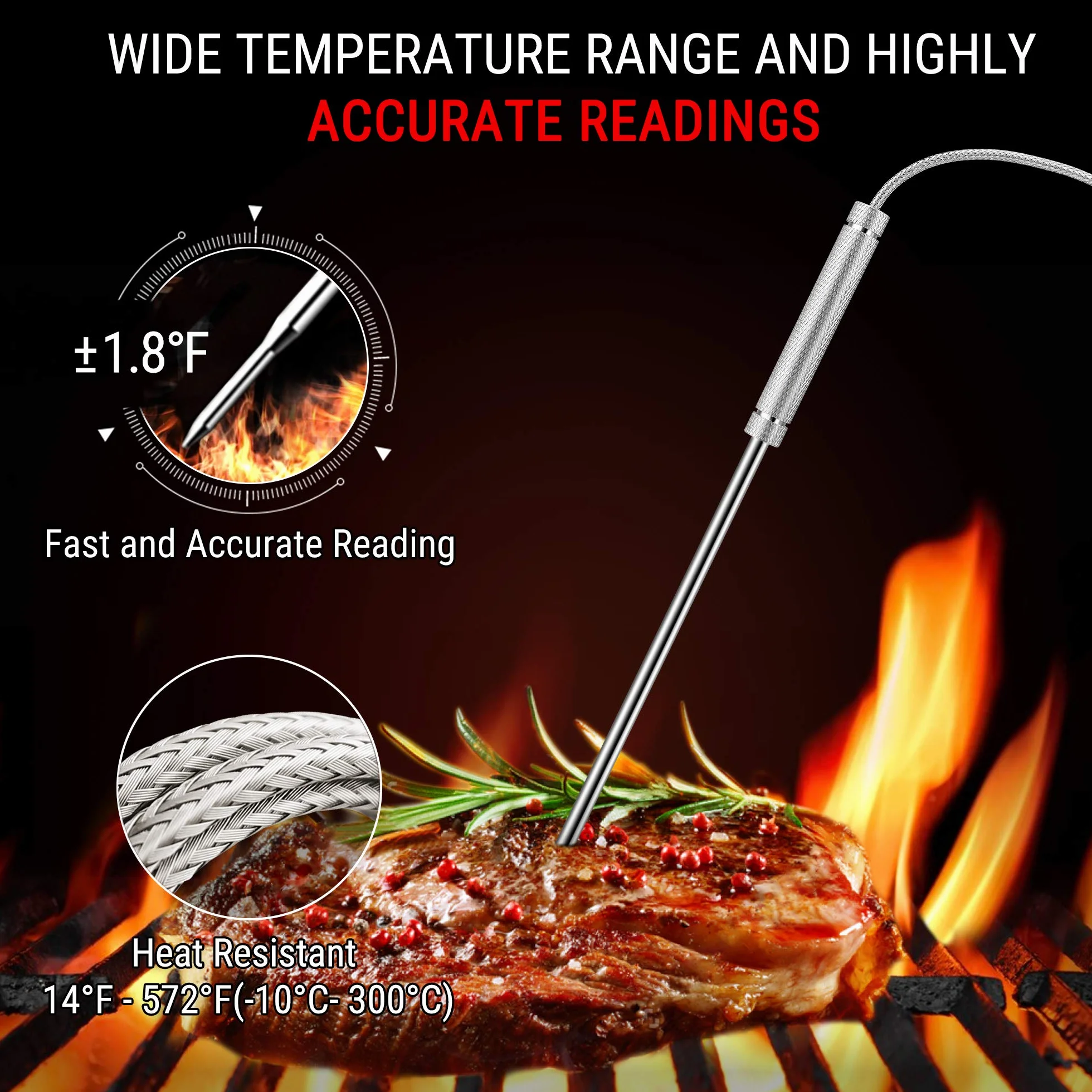 ThermoPro TP27C radiowy termometr do grilla z 4 sondami, 150 m, termometr do mięsa i smażenia, wodoszczelny IPX4, duży kuchenny z wyświetlaczem LCD do BBQ i grilla gazowego