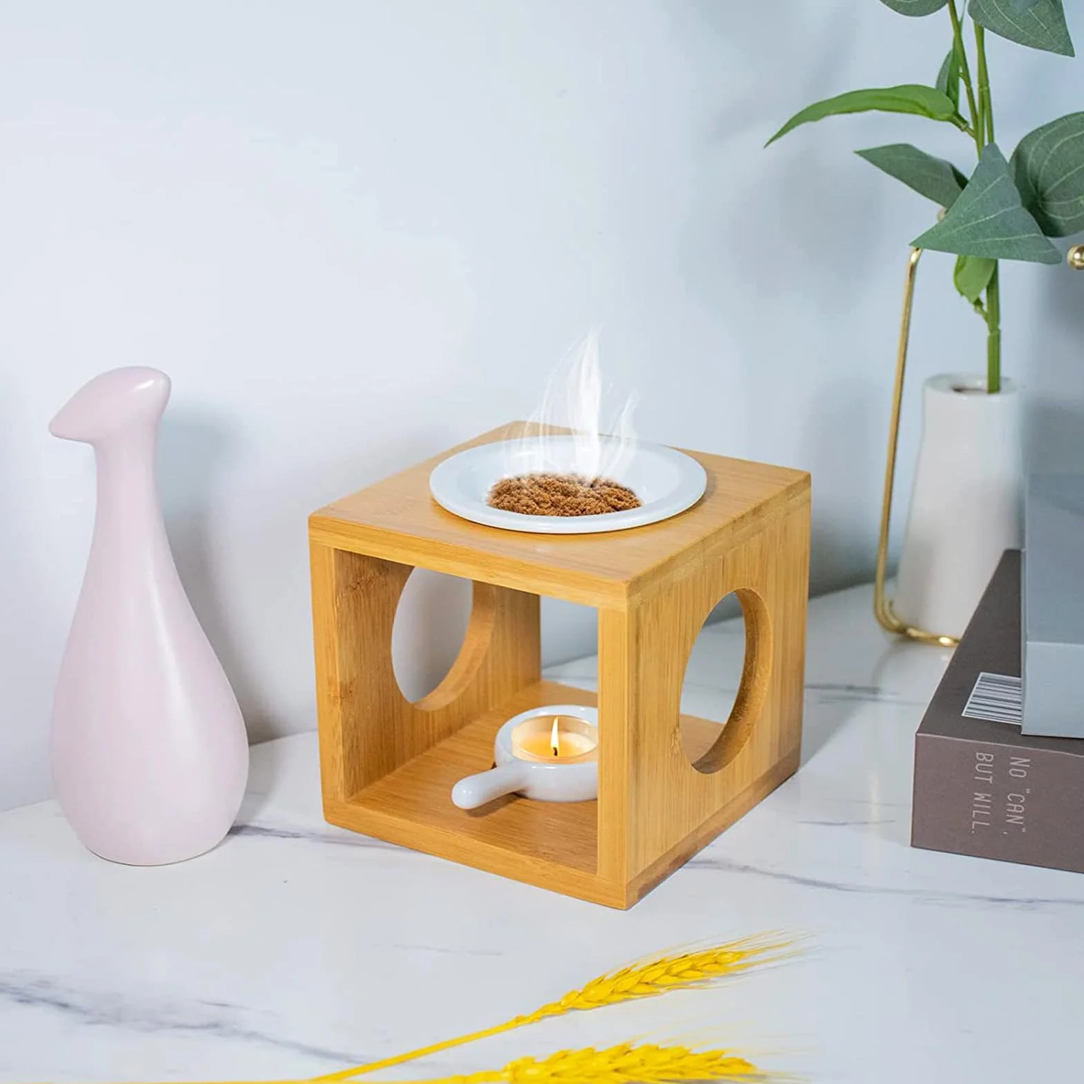 Ceramiczny palnik do wosku drewno bambusowy, palnik do olejków eterycznych z uchwytem na świeczki zapachowe, pachnący podgrzewacz wosku do aromaterapii do jogi, salonu, sypialni, biura