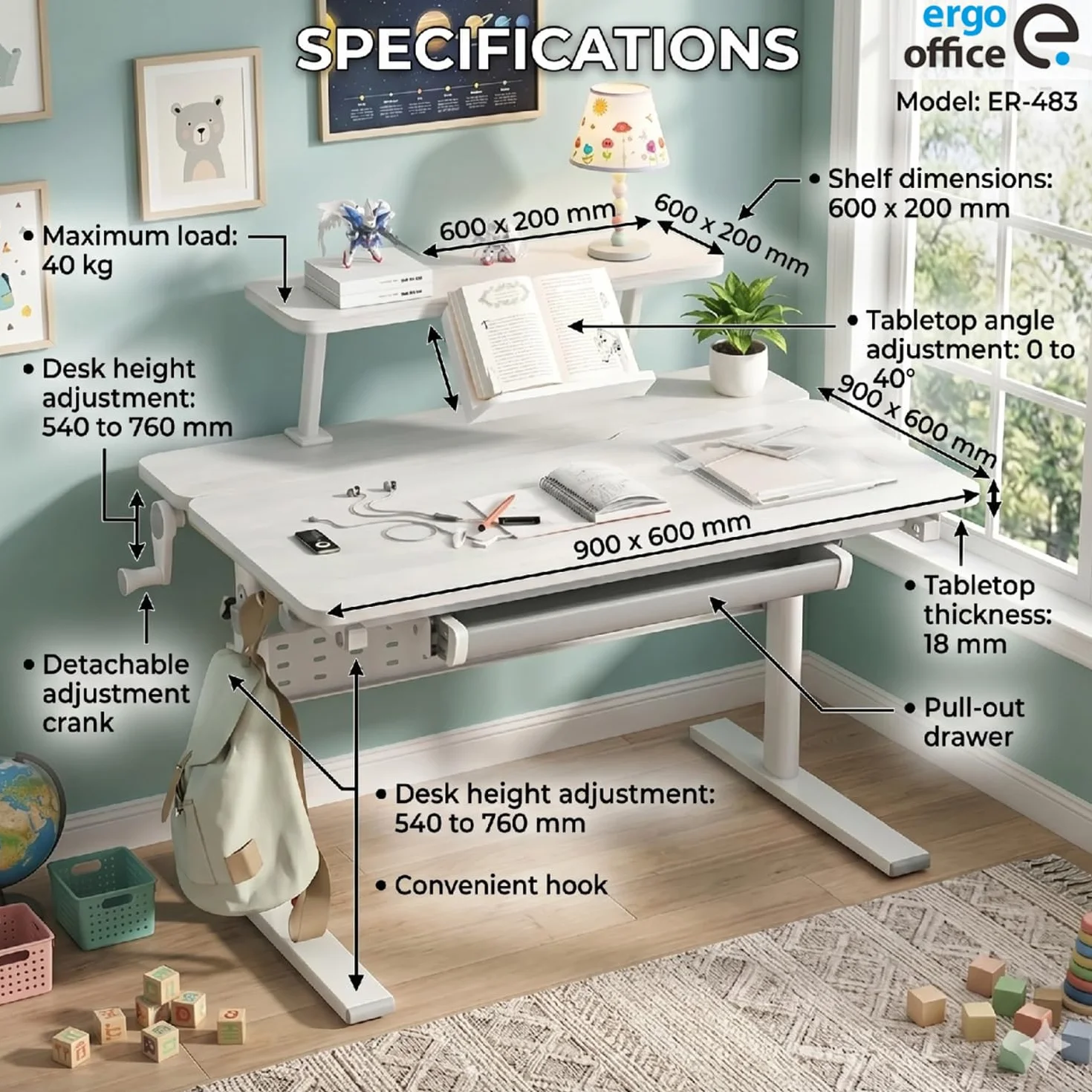 Ergonomiczne biurko ER-483 kids' height and angle adjustable to 40°, extra shelf with book holder, school table for kids up to 40 kg, drawer hook