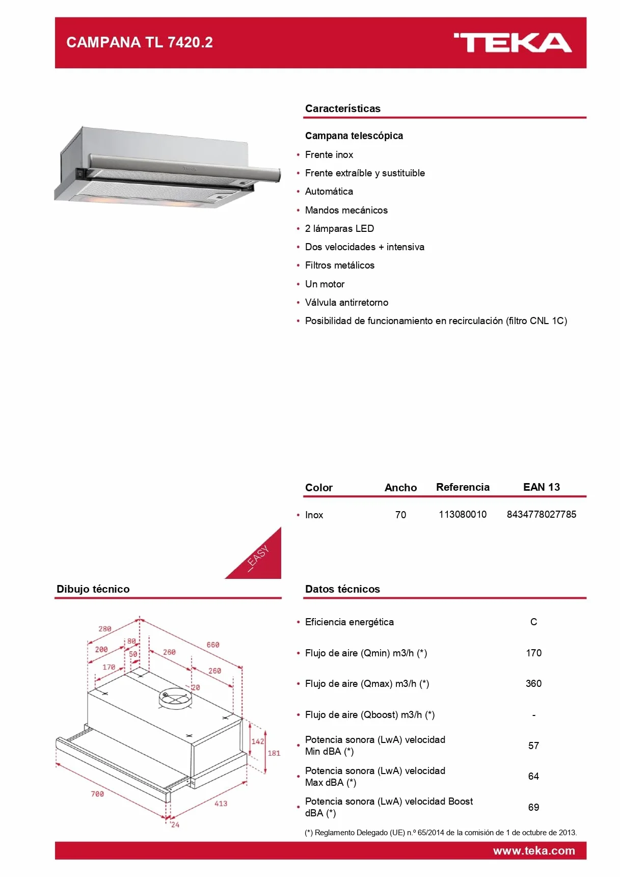 Teka TL 7420.2 okap kuchenny 70 cm, wysuwany wyciąg kuchenny, 2 prędkości + intensywny, teleskopowy lub ekstra płaski, mechaniczne pokrętła i oświetlenie LED, kolor stali nierdzewnej