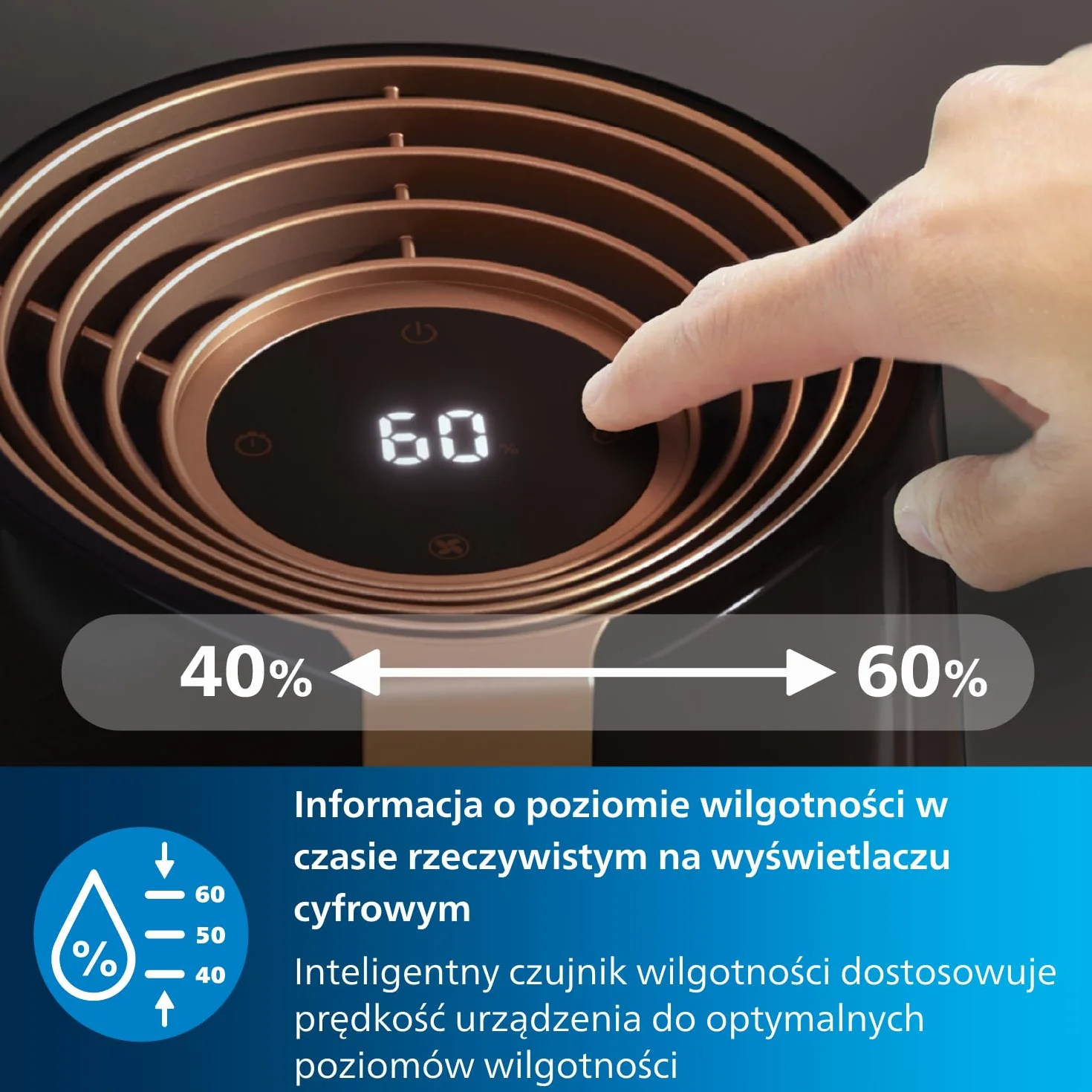 Philips Nawilżacz ewaporacyjny Serii 3000, 45 m², 99,97% mniej bakterii z NanoCloud, 300 ml/h, 3 prędkości, tryb nocny, ultracichy (33 dB), czujnik wilgotności, timer, zbiornik 3L, czarny (HU3918/10)