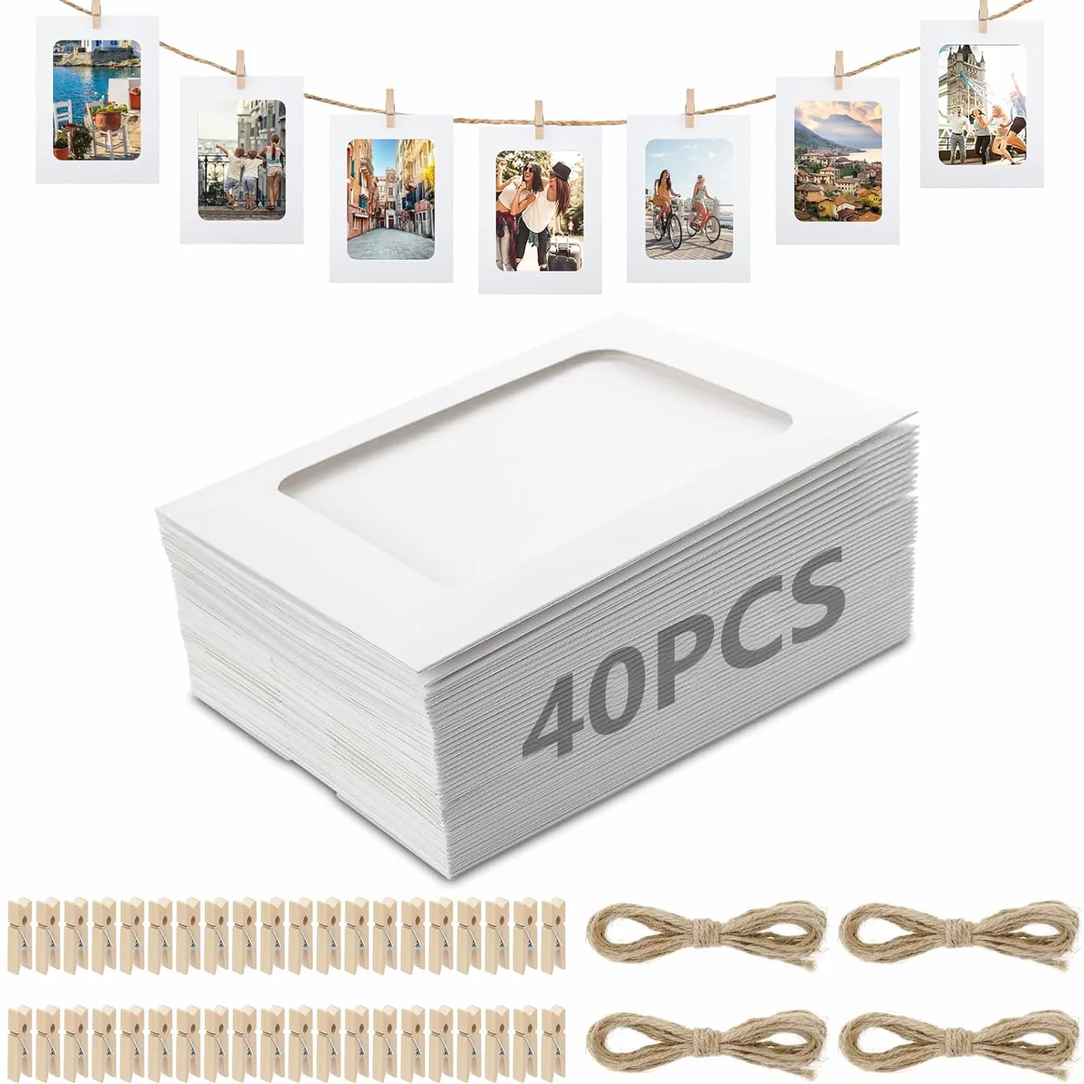 40 sztuk papierowych ramek na zdjęcia, 10 x 15 cm ramki na zdjęcia z kartonu, girlanda fotograficzna z 40 drewnianymi klamerkami i 4 sznurkami konopnymi, linka do zdjęć z klamerkami do