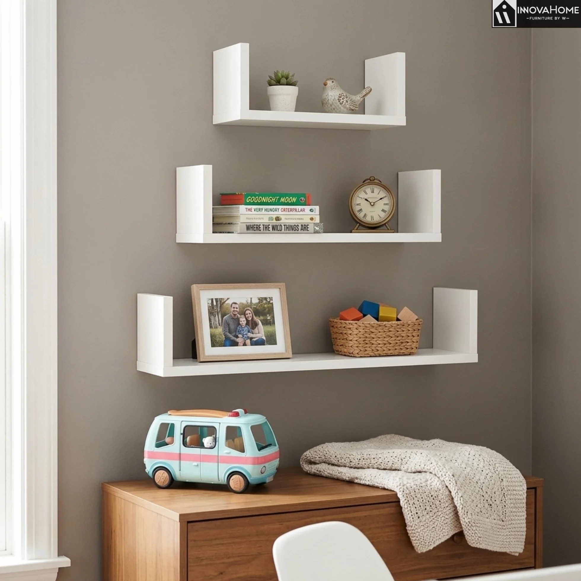 INNOVAHOME Regał ścienny, biały, zestaw 3 sztuk (80/60/40 cm) – regał wiszący w kształcie litery U, płyta 18 mm, niewidoczny montaż, półka ścienna i regał na książki do salonu