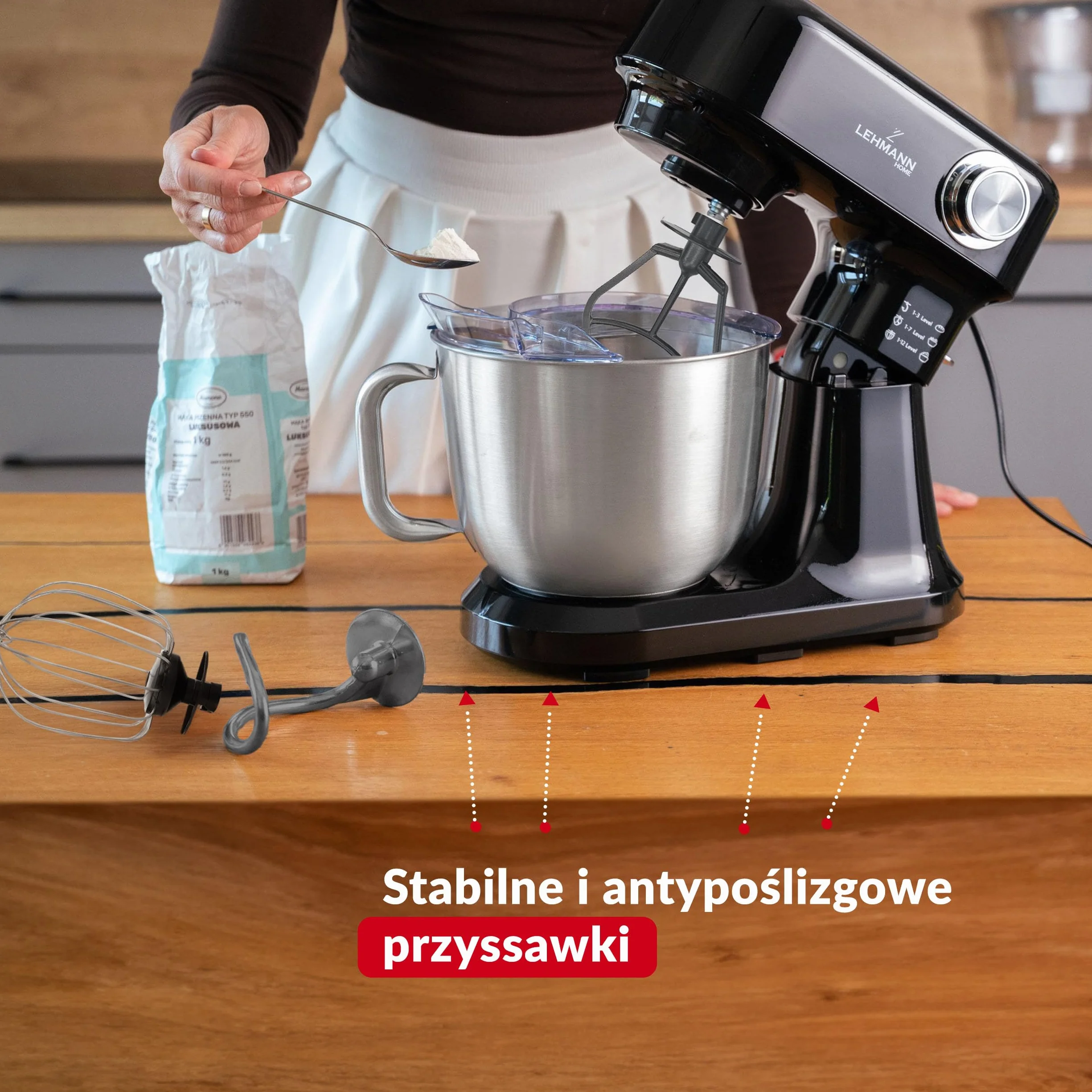 LEHMANN Robot kuchenny planetarny, 12 -prędkości, 3 końcówki: trzepaczka, ubijak, hak, ochrona przed pryskaniem – misa z uchwytem 5l i pokrywką
