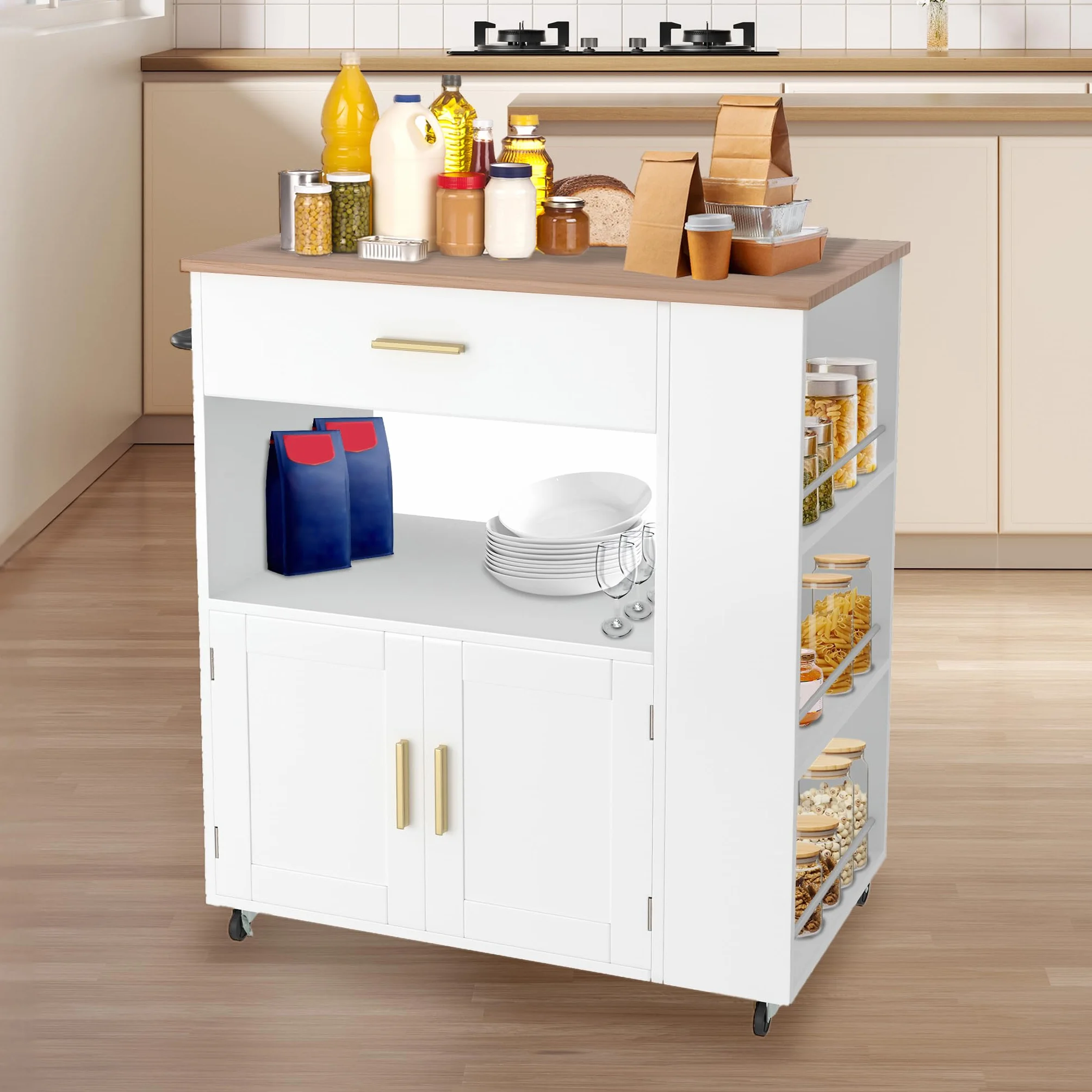 SUBTLETY 75 x 46 x 93 cm, ruchome wyspy kuchenne z płyty MDF, wózek kuchenny z szufladą, półką i półkami, wózek z blatem roboczym, obciążenie do 50 kg, wózek do jedzenia na imprezę (z regałem na