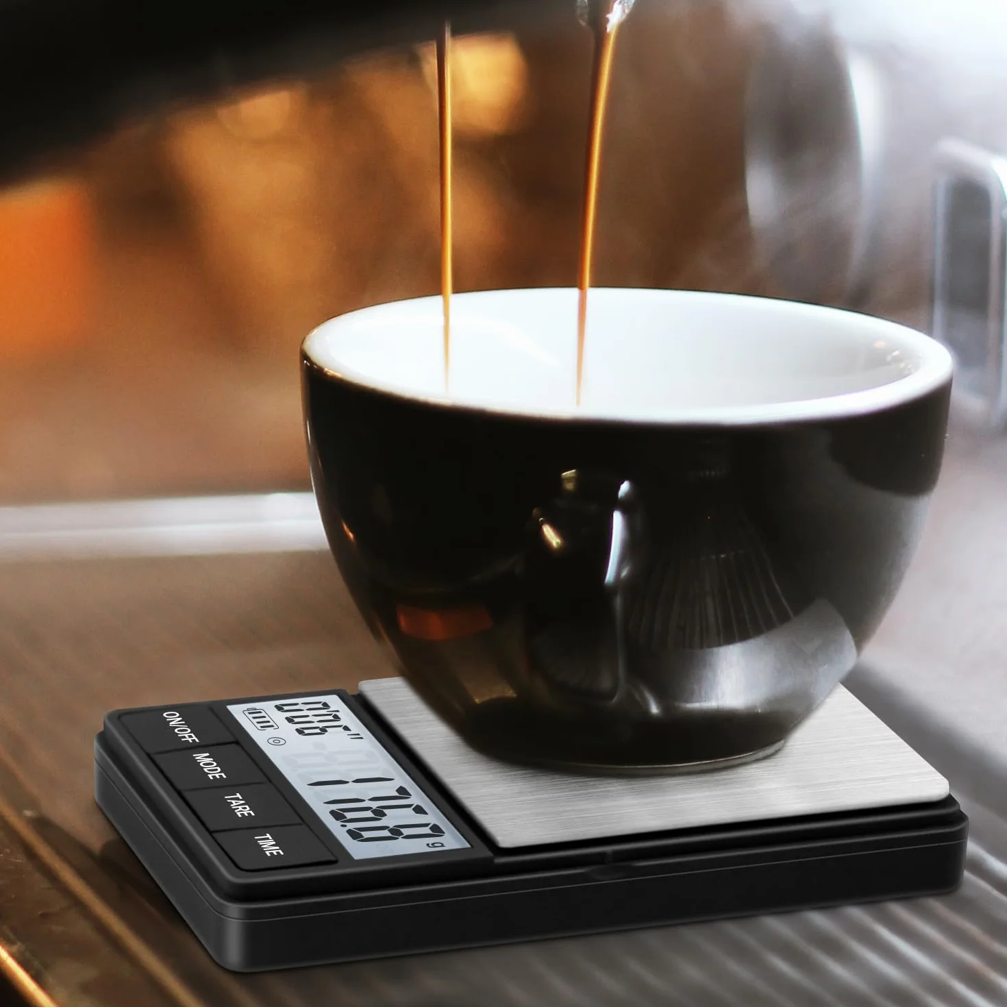 UNIWEIGH Waga do kawy 1000 g/0,1 g, z timerem, cyfrowa waga kuchenna, Barista z wyświetlaczem LCD (w zestawie baterie)