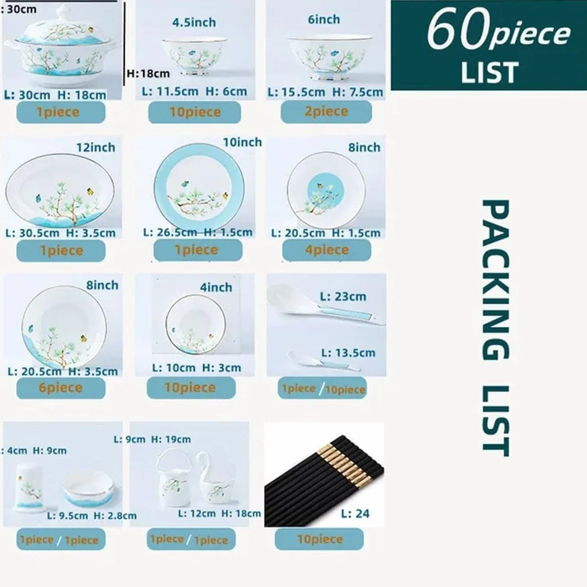 H3TF5J Angielski zestaw stołowy porcelanowy, 60 sztuk kości China, zastawa stołowa, niebieski kwiatowy wzór ceramiczny, kuchenka mikrofalowa i zmywarka
