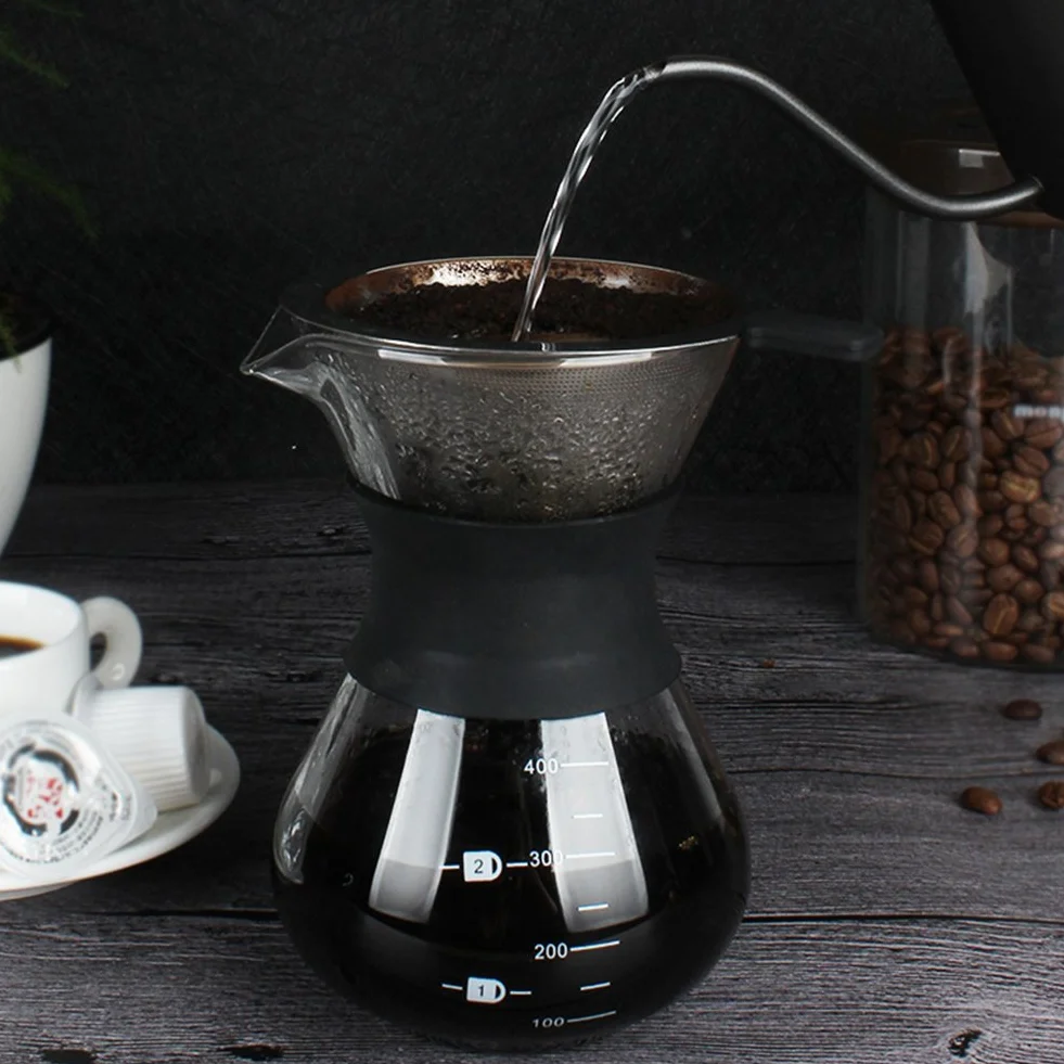 Ekspres do kawy „Pour Over” ze stałym filtrem ze stali nierdzewnej i karafką. Ekspres do kawy, dzbanek szklany, przezroczysty, 400ml
