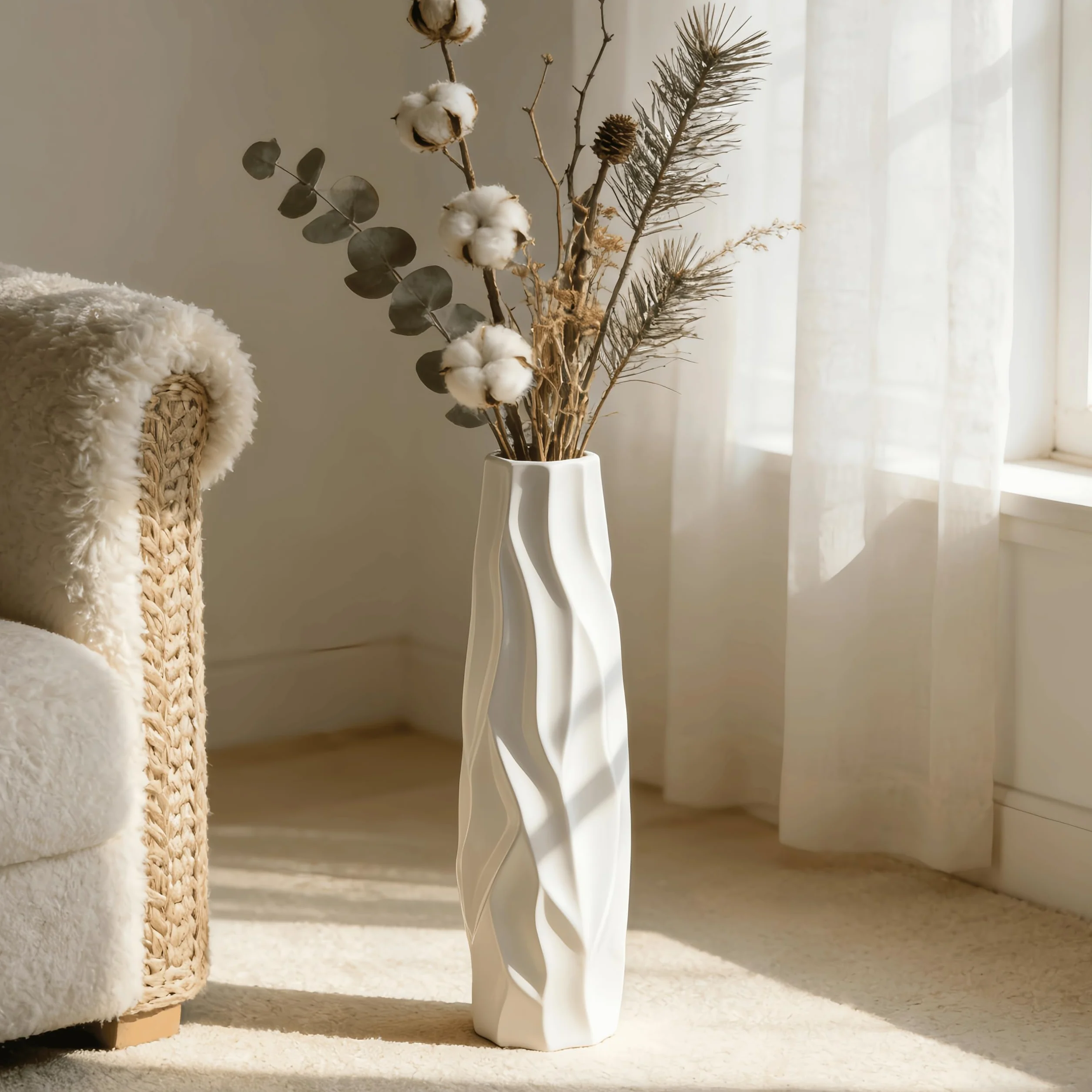 Duży biały wazon ceramiczny, 60 cm, dekoracyjny wazon podłogowy do salonu, biura i sypialni, stylowy wazon na kwiaty na trawę pampasową