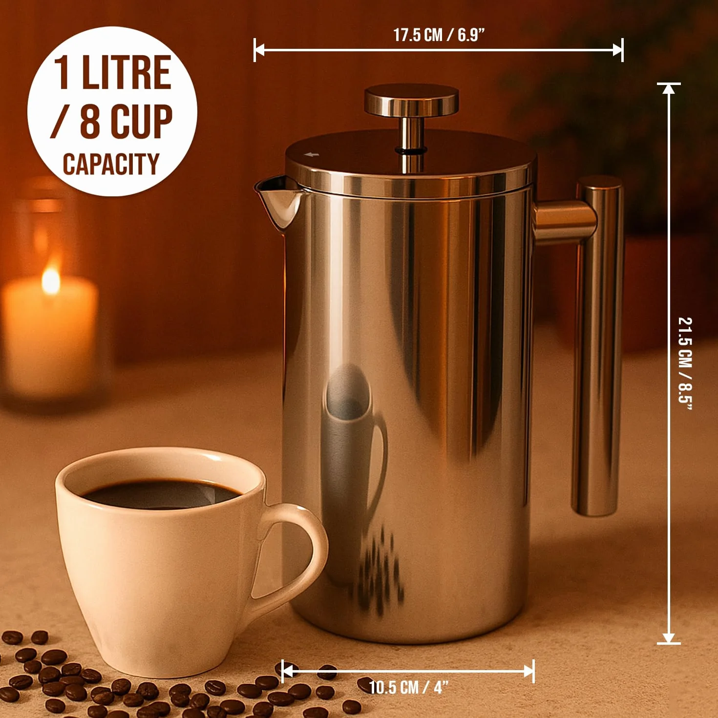 Prasa francuska ze stali nierdzewnej 1L Cafetiere z podwójną ścianką izolacyjną