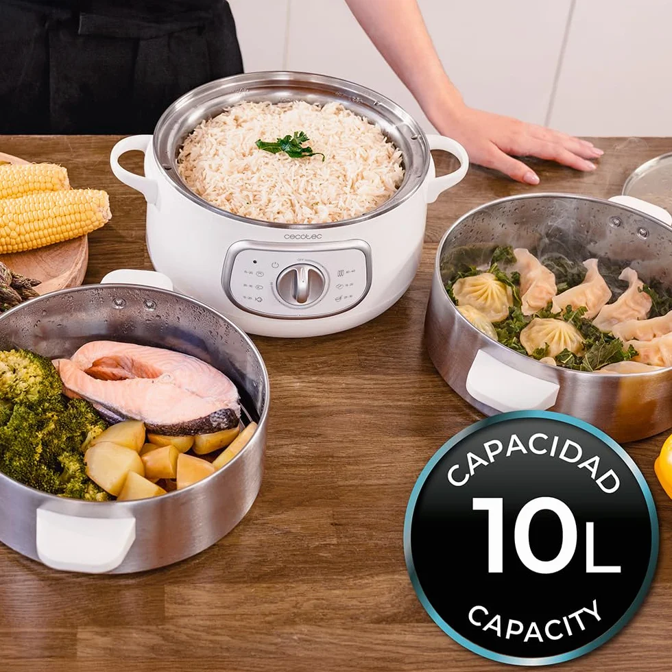 Cecotec Elektryczny parowar Vapovita Steelpot biały. Moc 1300 W, pojemnik ze stali nierdzewnej, 10 l, regulowany czas, automatyczne wyłączanie, łatwe czyszczenie, specjalna pokrywka, zdrowe gotowanie