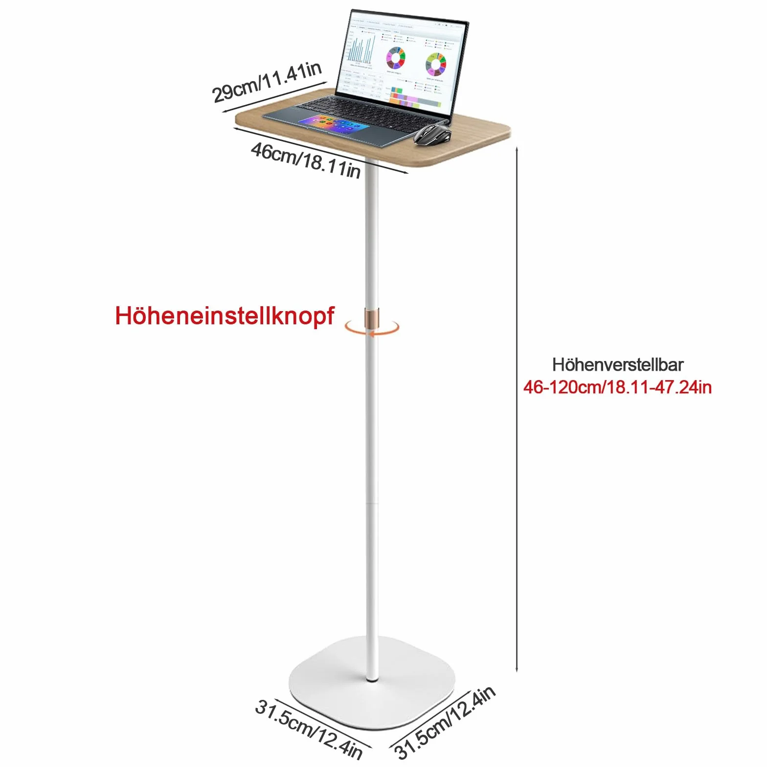 Regulowane stojące biurko, 46–120 cm, białe, do laptopa, projektora, biura, gabinetu, pracy