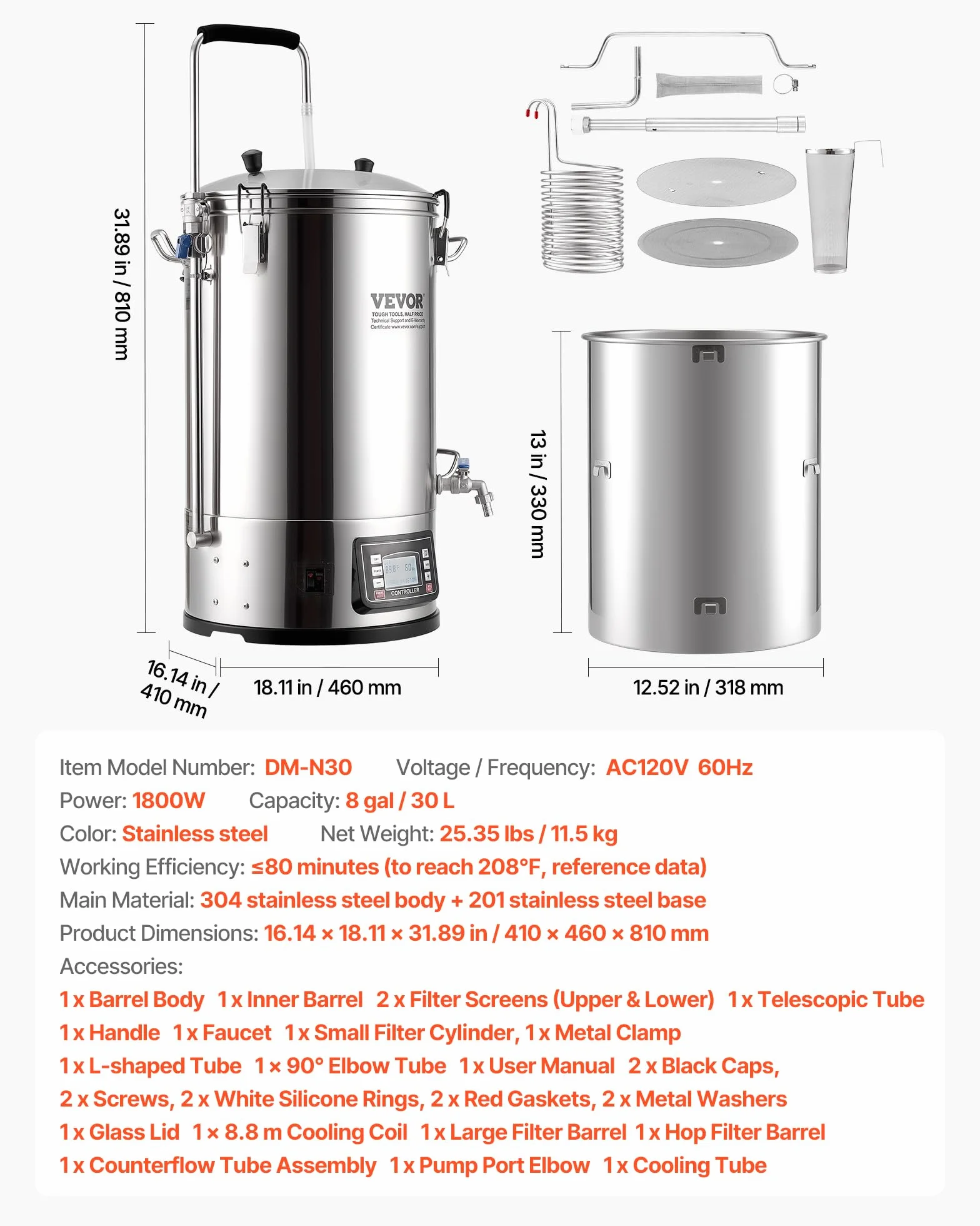 Vevor Electric Brewing System 8 Gal Home Beer Brewer Auto/Manual Garnek do Produkcji Piwa, Srebrny, 35 litrów