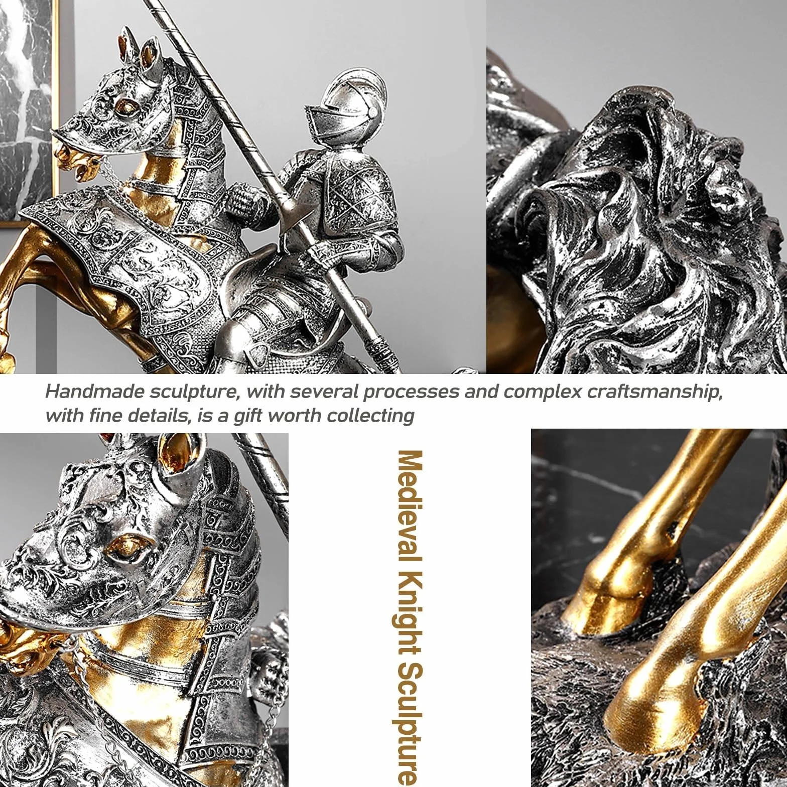 dekoracja biurka rycerz brązowy koń wojenny statuetka wojownika figurka 42 cm kolekcja legendarna średniowieczna rzeźba rycerza, szermierz strażnik wojownik, figurka artystyczna kolekcja prezentów dla