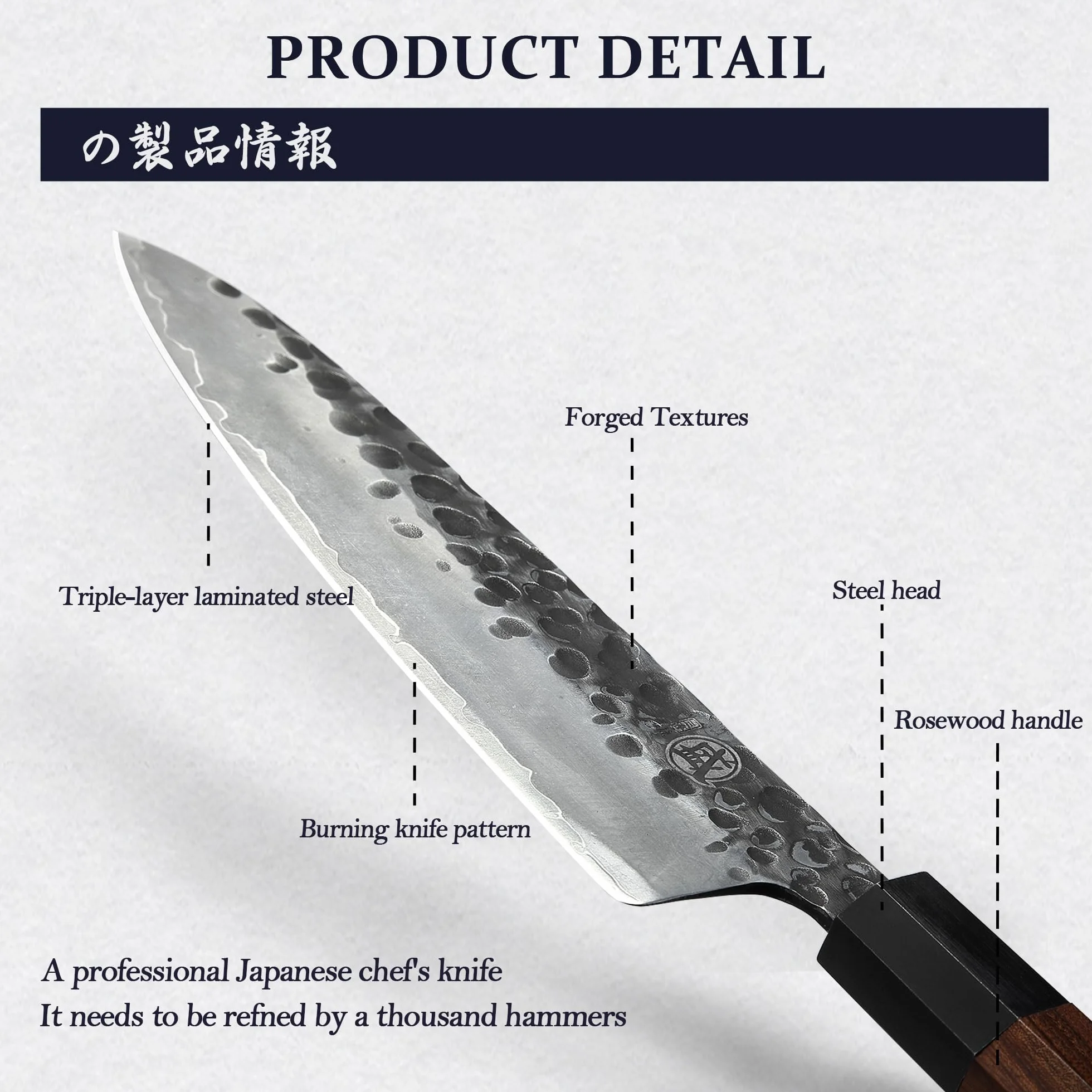 MITSUMOTO SAKARI 22 cm Japoński Nóż Kuchenny, Nóż Szefa Kuchni z Wysokowęglowej Stali Nierdzewnej, Ręcznie Kuty Profesjonalny Nóż Gyotou(Uchwyt z Drewna Różanego)