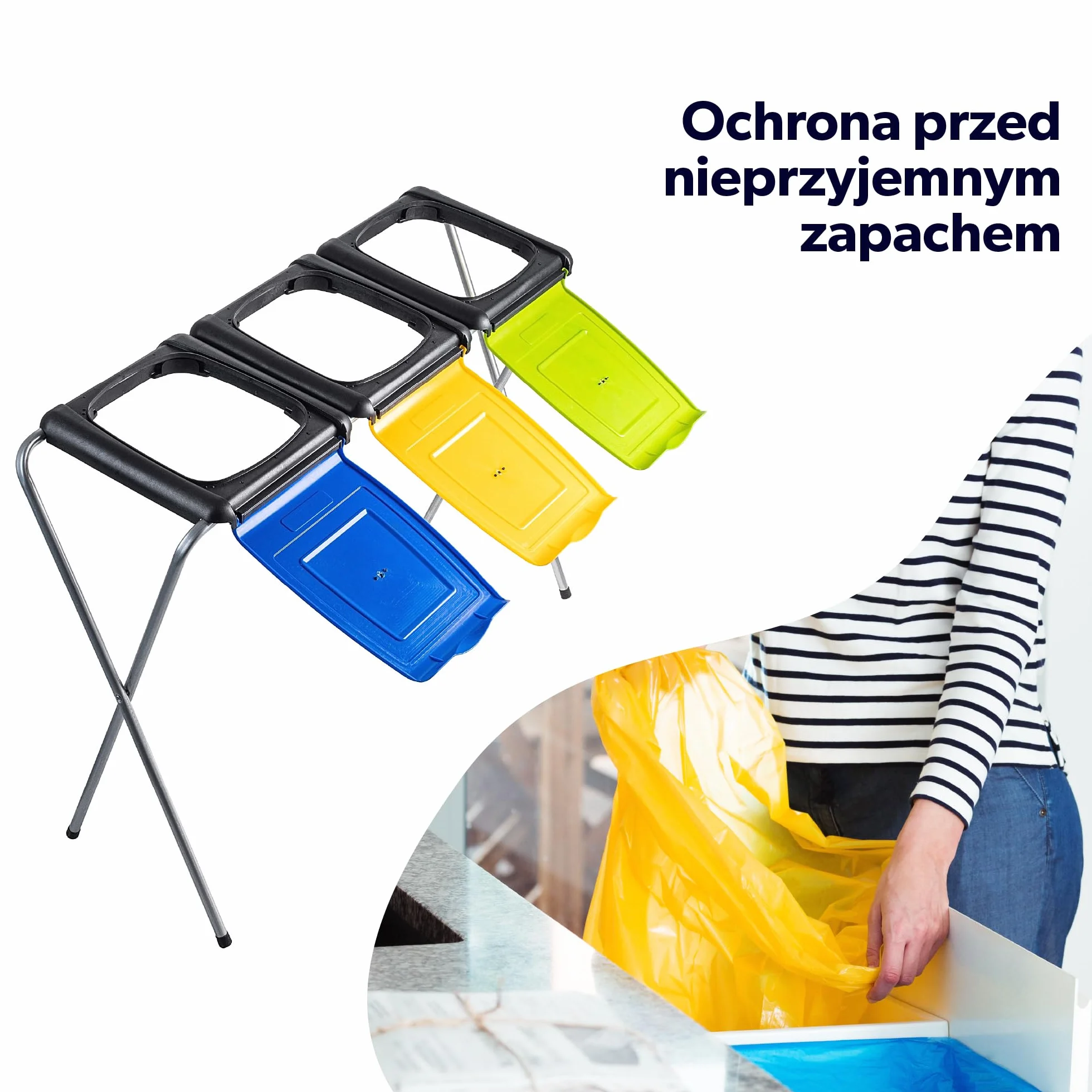 KADAX Potrójny stojak do segregacji odpadów, stabilny uchwyt na trzy worki z plastikowymi pokrywami, oszczędność miejsca, idealny do domu, garażu i ogrodu