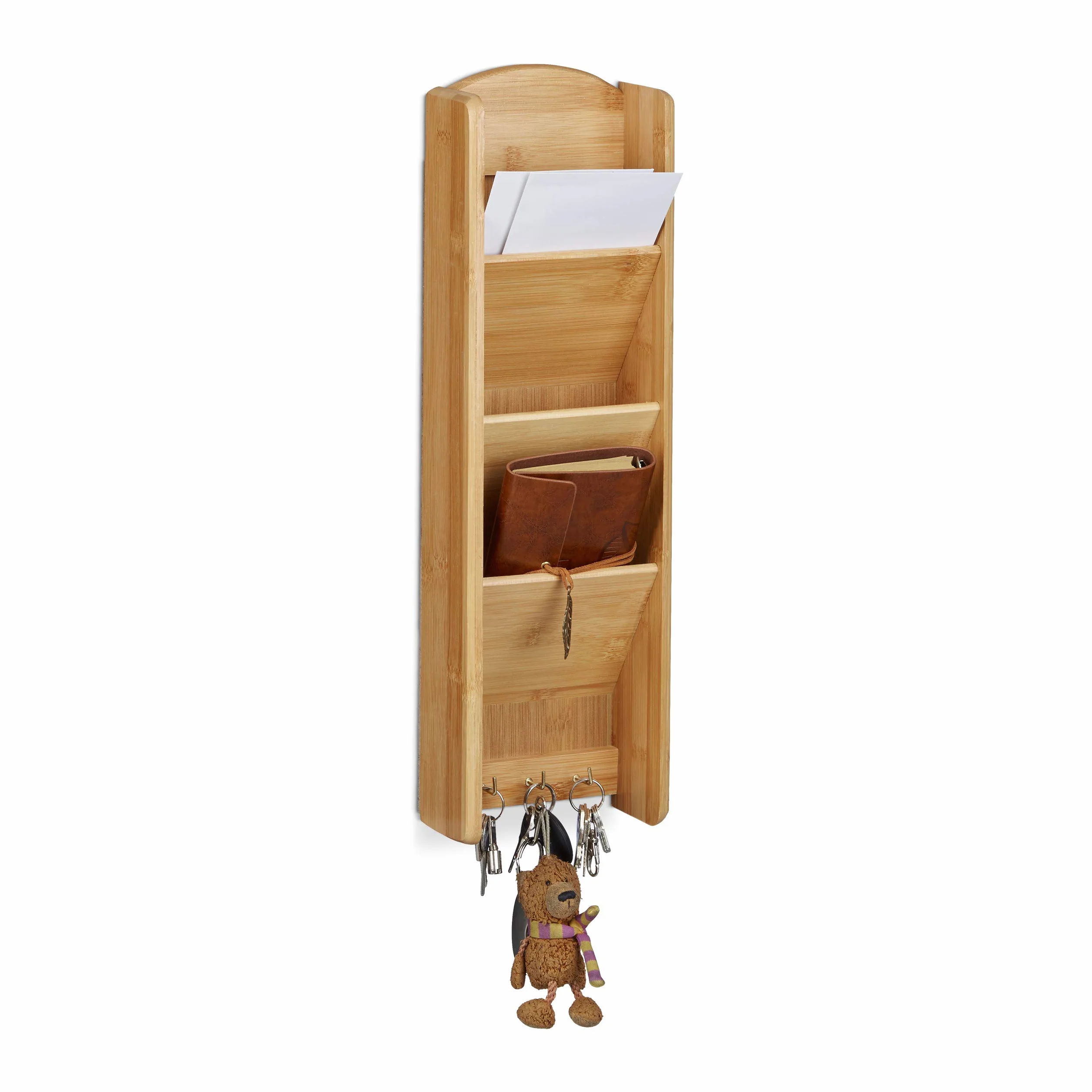 Relaxdays Tablica na klucze z półką, 3 przegródki, organizer ścienny, 7,5 x 15 x 49,5, drewno, naturalne