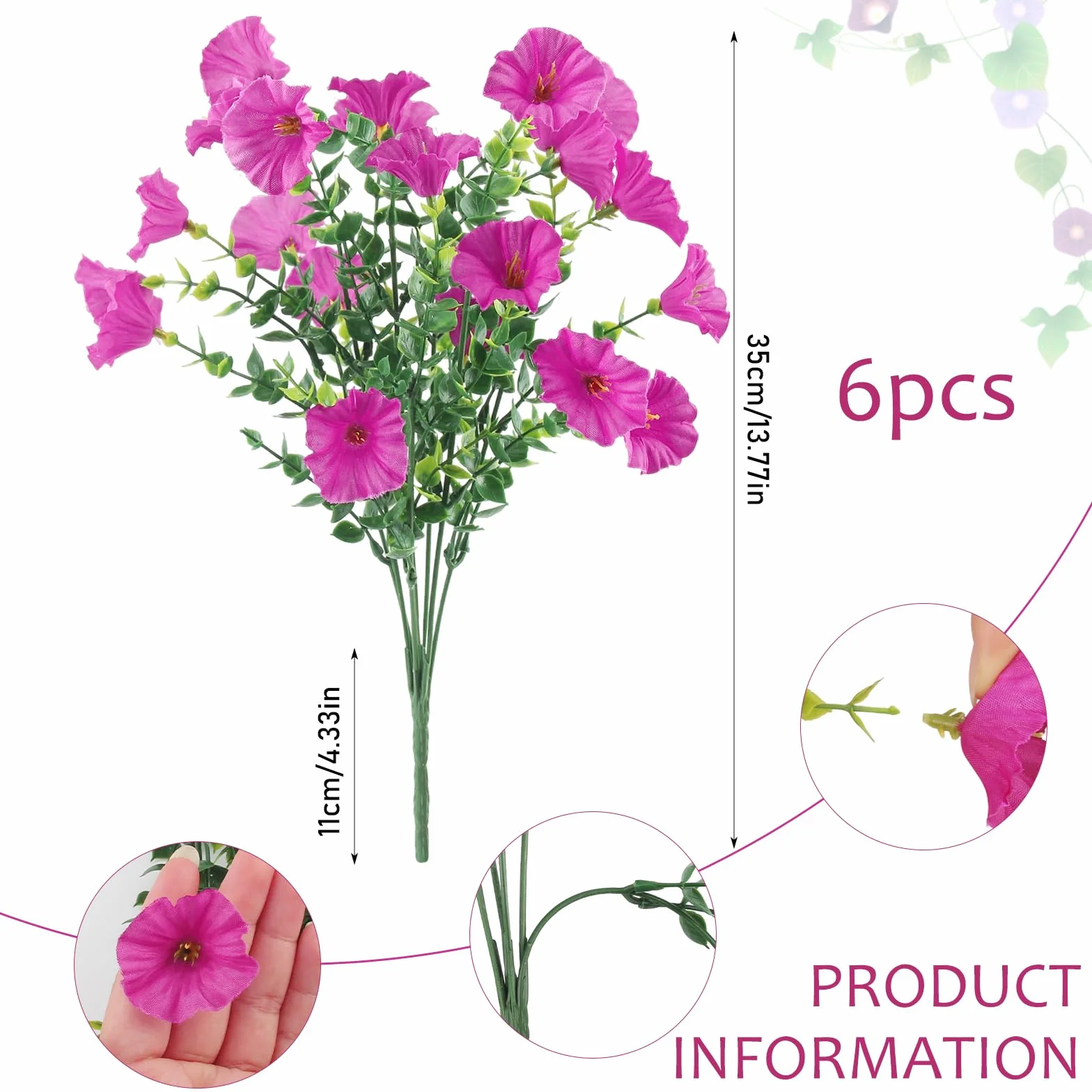 YUE QIN Sztuczne kwiaty do użytku na zewnątrz, 6 wiązek sztucznych roślin balkonowych, pelargonie, sztuczne kwiaty, jak prawdziwa petunia, realistyczne plastikowe kwiaty do użytku na zewnątrz, do