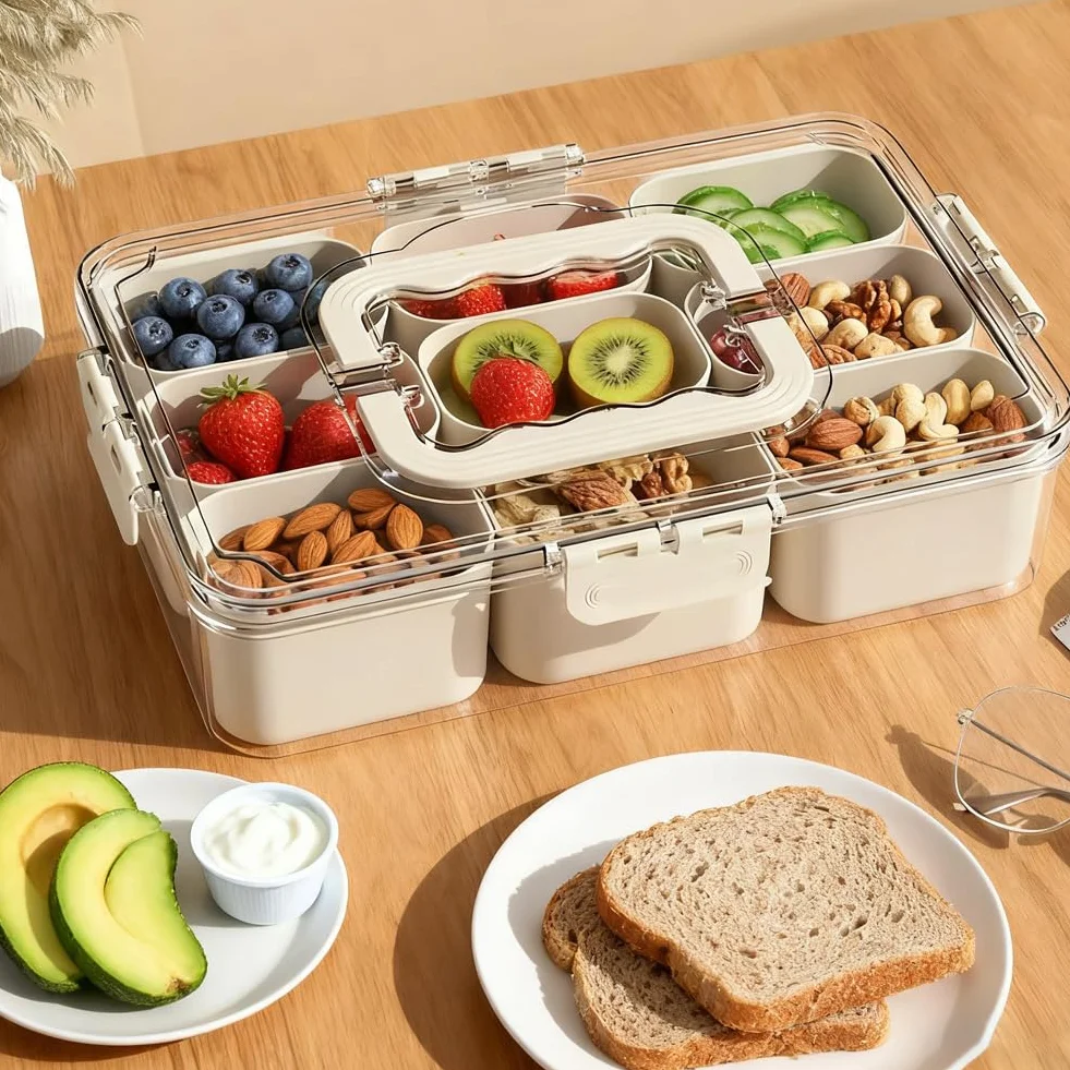 Pudełko na przekąski z 8 przegródkami, pudełko na przekąski z pokrywką i uchwytami na przekąski dla dzieci, ciastka, orzechy, pojemnik na przekąski, pudełko do przechowywania słodyczy na