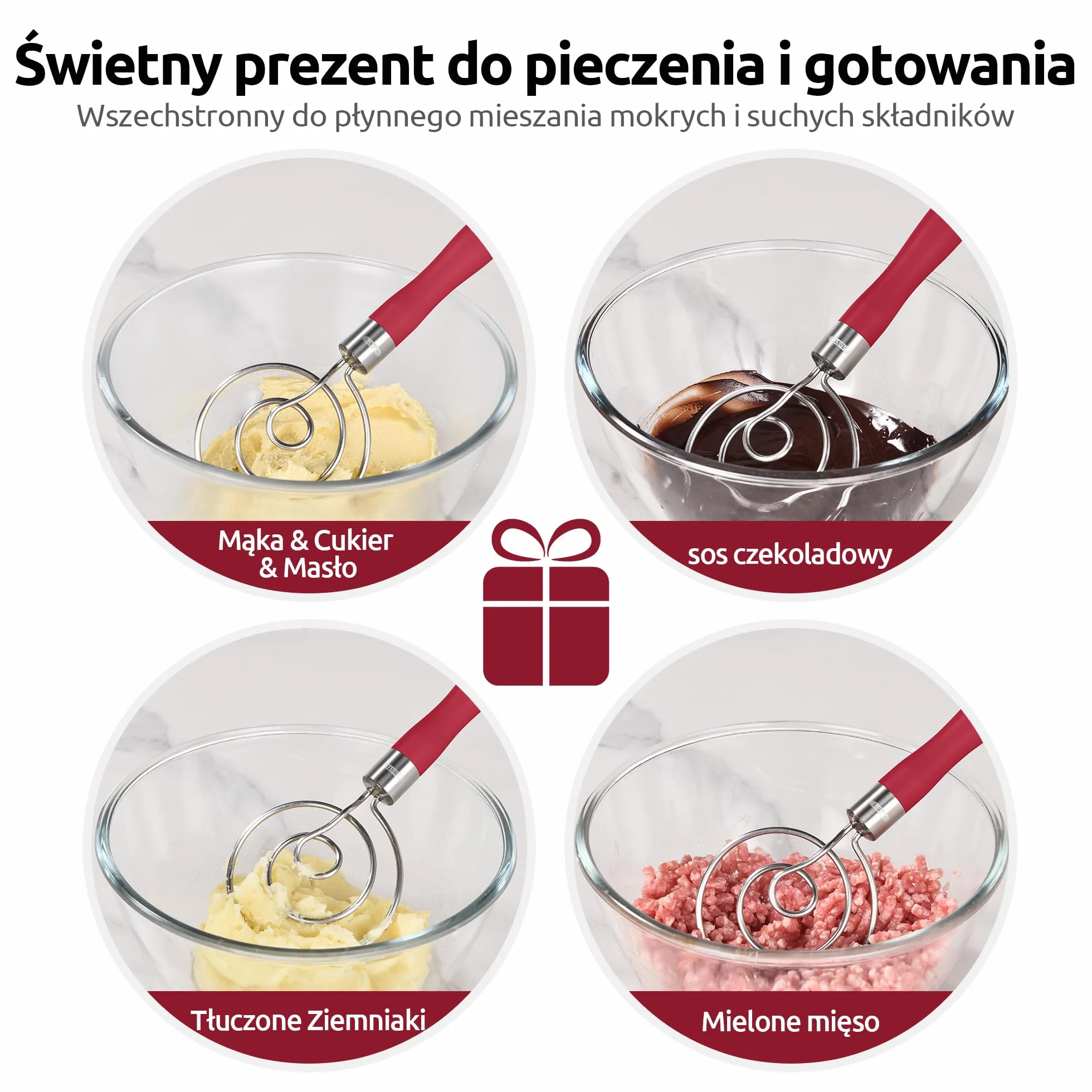 U-Taste Duńska trzepaczka do ciasta: trzepaczka do ciasta ze stali nierdzewnej 18/8, ręczna maszyna do pieczenia chleba o jakości spożywczej z antypoślizgowym silikonowym uchwytem do pieczenia