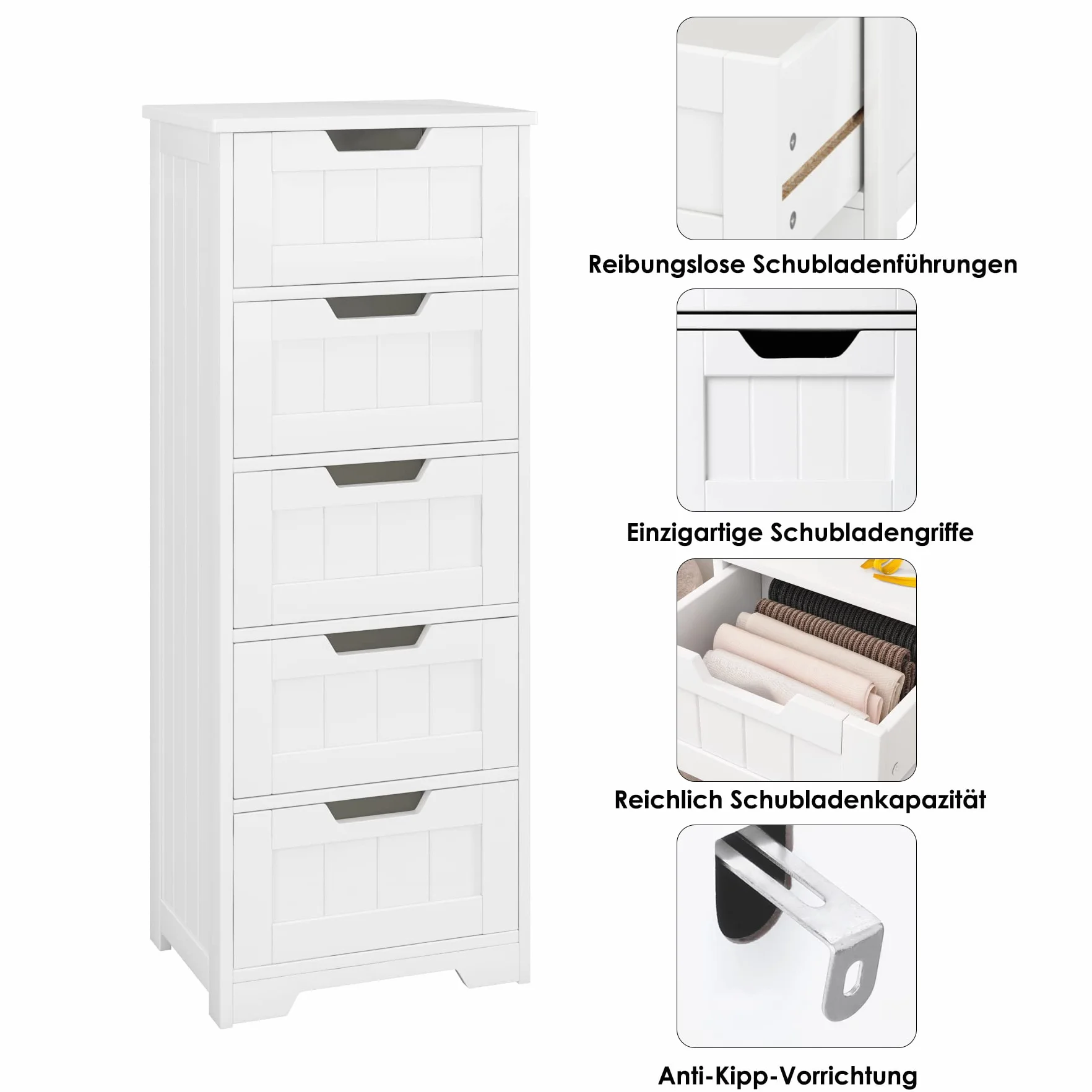 FOREHILL Szafka łazienkowa z 5 szufladami Biała komoda, wąska szafka łazienkowa 40x30x102 cm