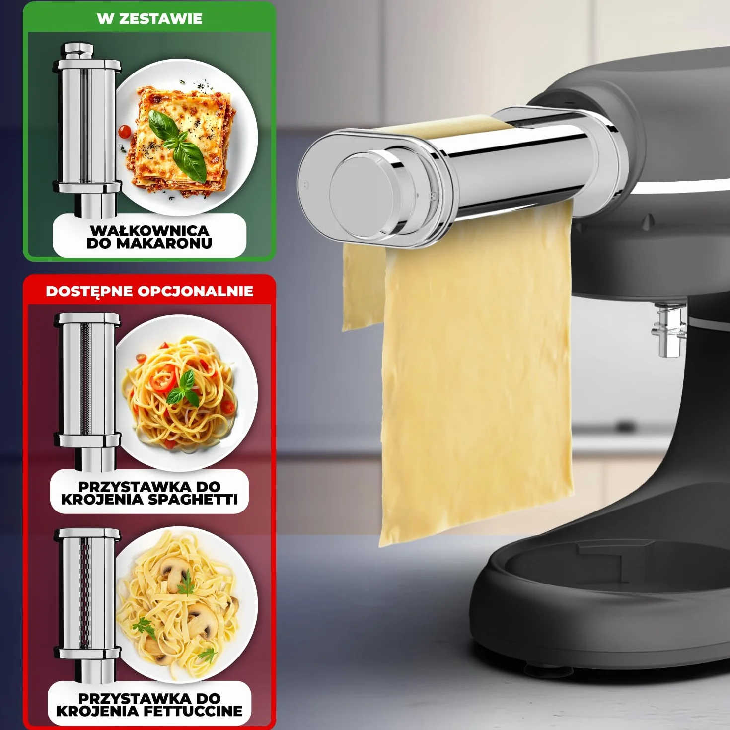 Młynek do ciasta z maszynką do makaronu – 2000W – mieszarka z maszynką do makaronu elektryczna – pasta maker - 6,2L stalowa misa do mieszania (szary)