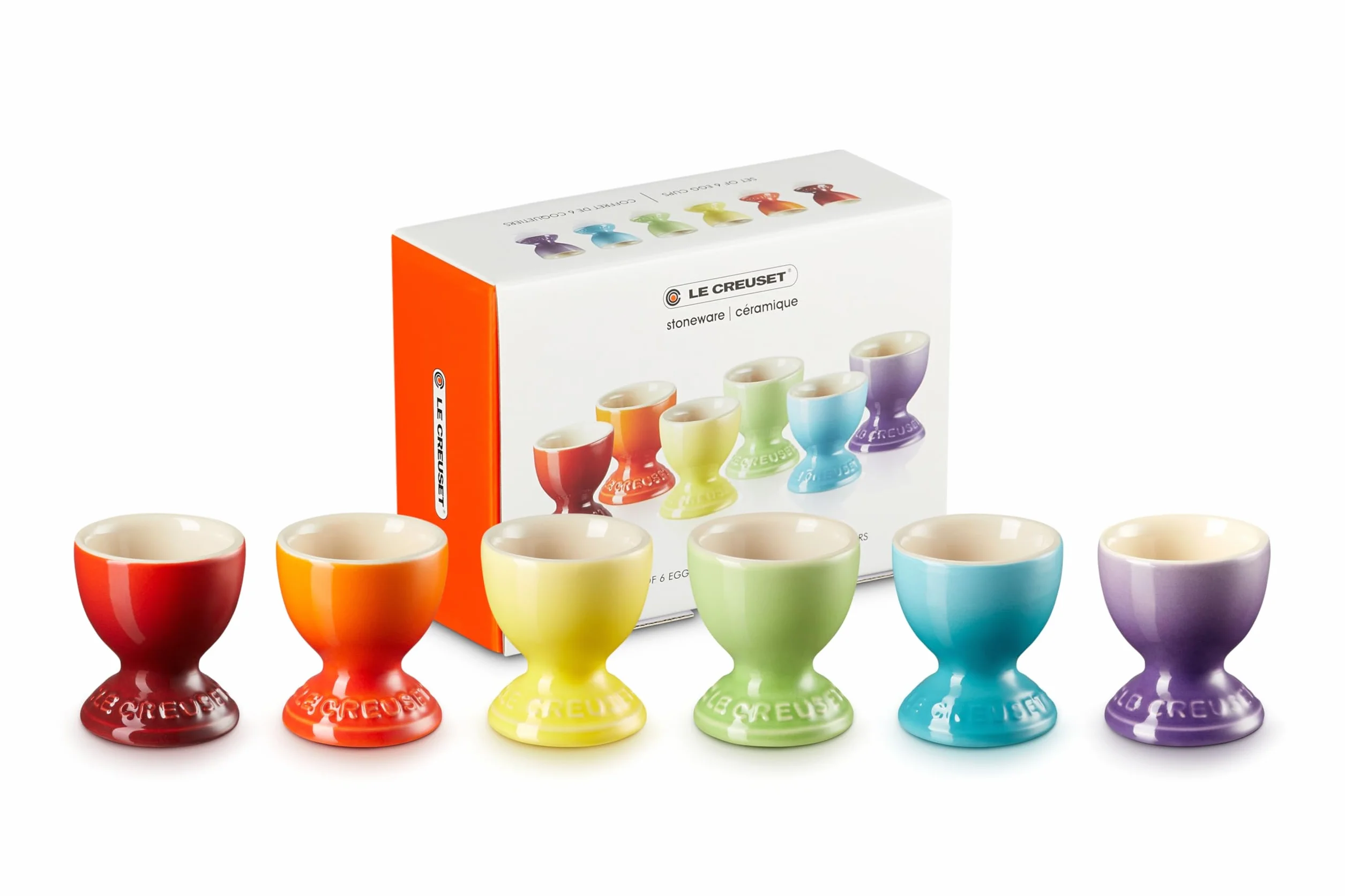 Le Creuset Ceramiczne kubki do jajek tęczowych, zestaw 6 sztuk, cerys, wulkaniczny, soleiliter, palma, turkusowe i ultrafioletowe
