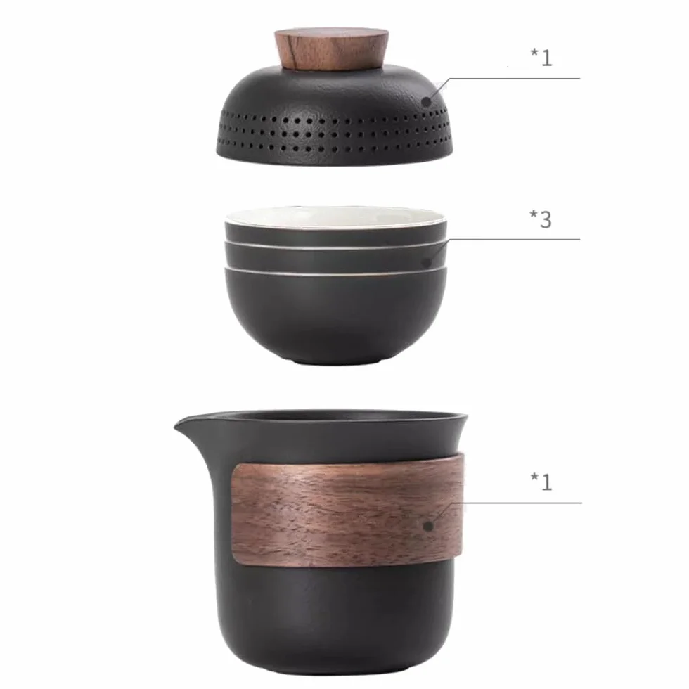 Porcelanowy podróżny zestaw do herbaty z 1 czajnikiem, 1 serwerem do herbaty i 3 filiżankami do herbaty z przenośnym woreczkiem podróżnym - czarny